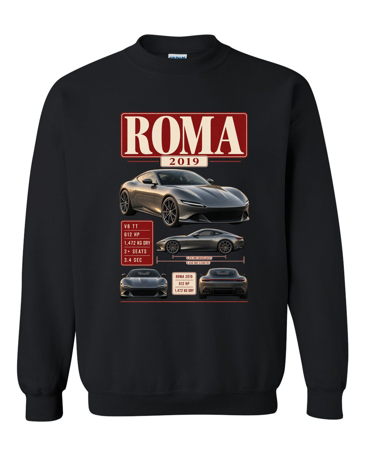 Archive panel print of the Ferrari Roma with 2019 spec text black crewneck front view with the design