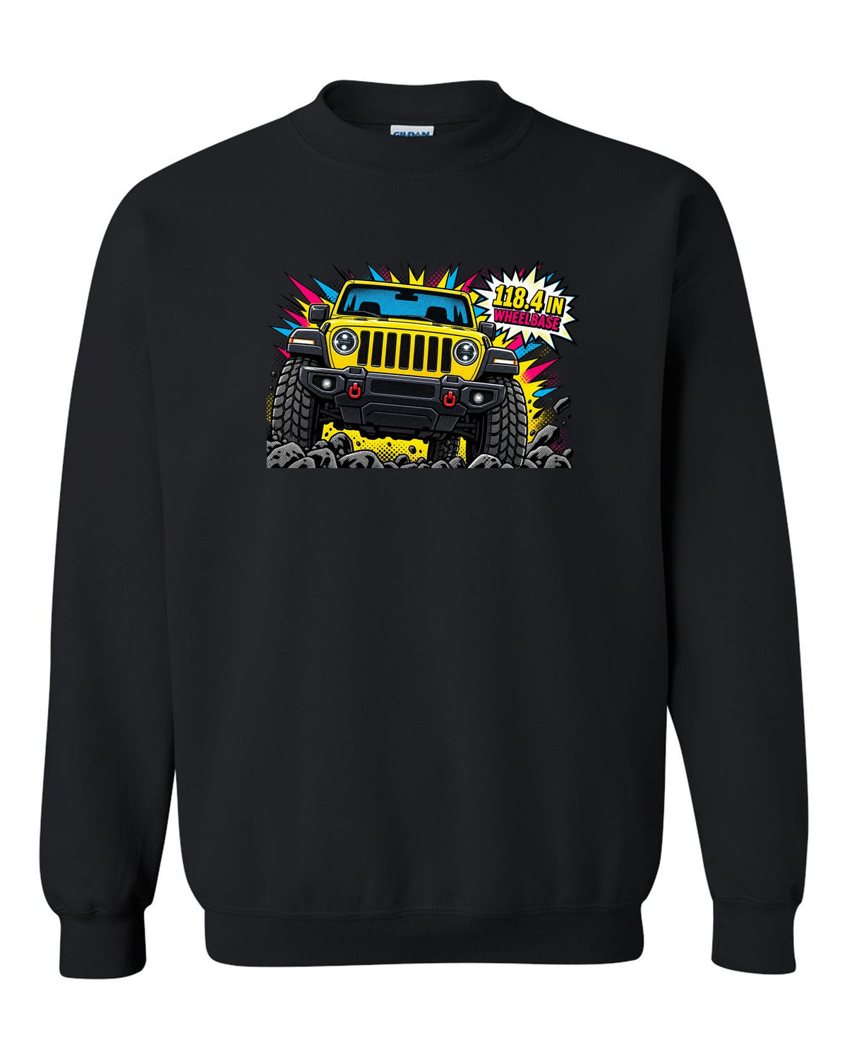 Jeep Wrangler JLU grille and headlight comic halftone pop art with 118.4 in wheelbase text black crewneck front view with the design