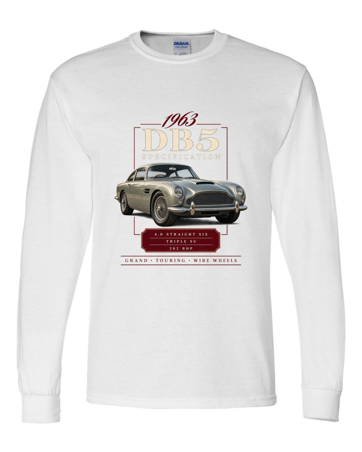 Aston Martin DB5 wire wheel archive specification panel white long sleeve front view with the design