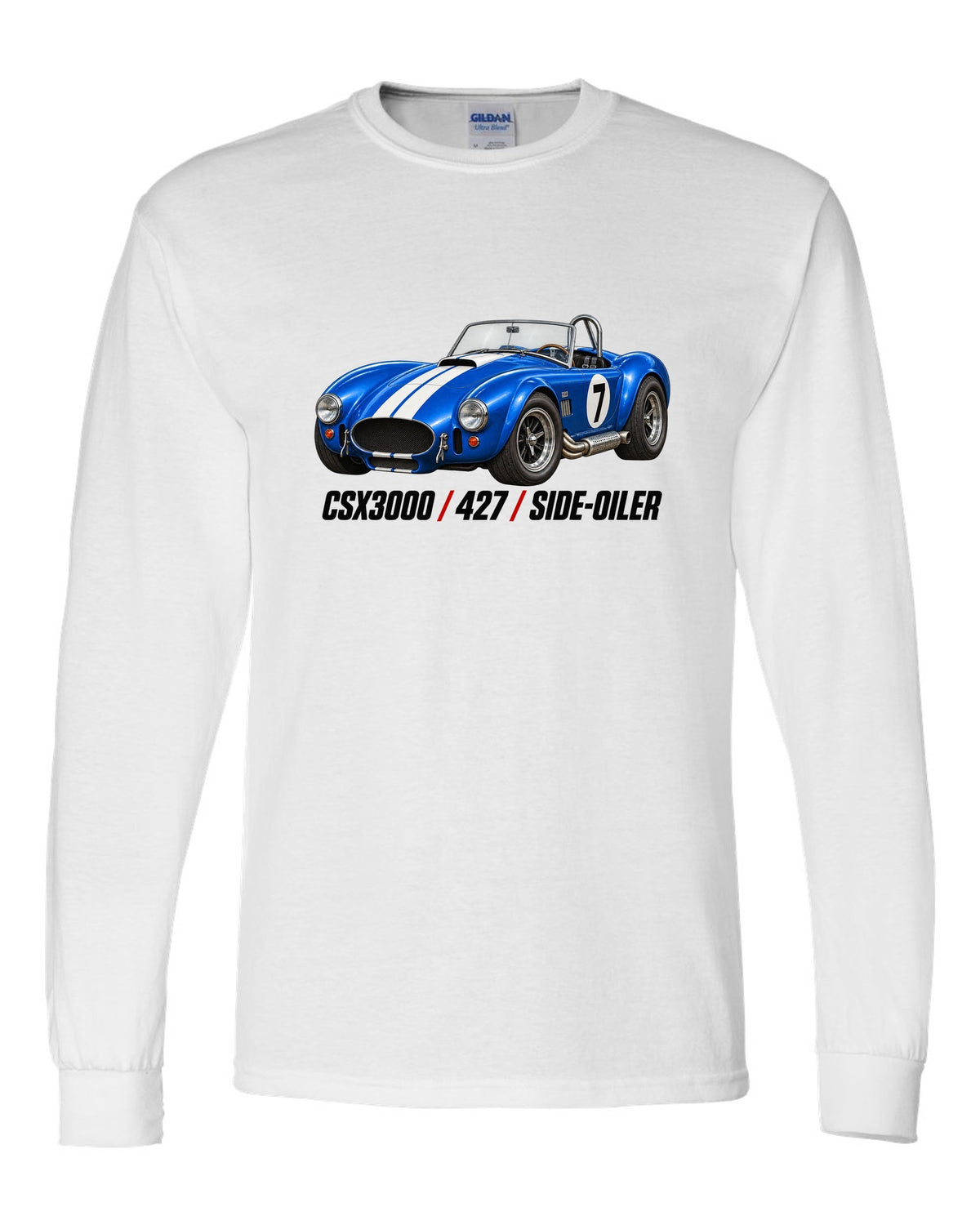 Shelby Cobra 427 CSX3000 Side-Oiler Racing Roundel white long sleeve front view with the design