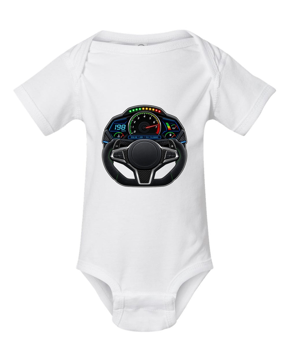 BMW G80 M3 interior gauge cluster HUD print with redline 7,200 text white baby onesie front view with the design