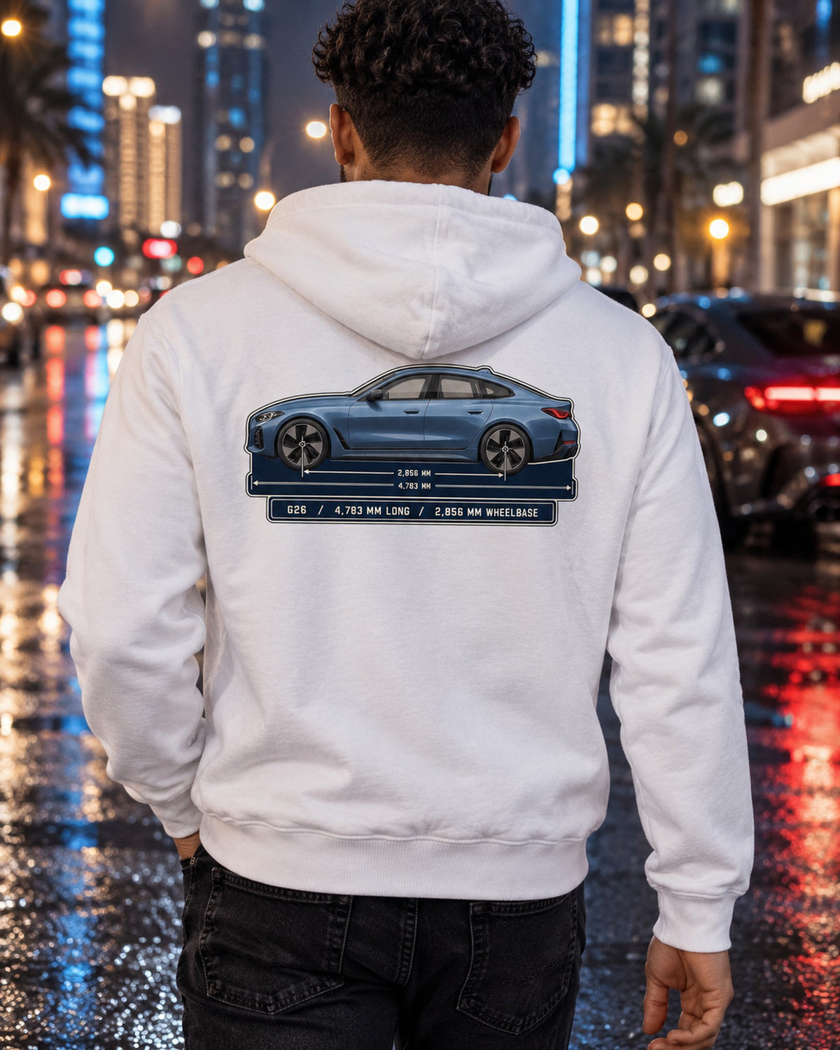 BMW i4 M50 G26 Gran Coupe Dimension Blueprint Shirt Zip Hoodie White worn hero