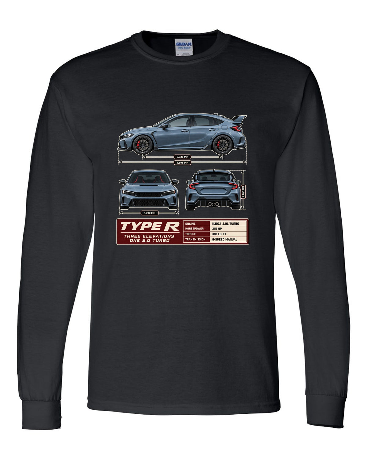 Civic Type R FL5 Three-View Spec Sheet Tee for Car Guys black long sleeve front view with the design