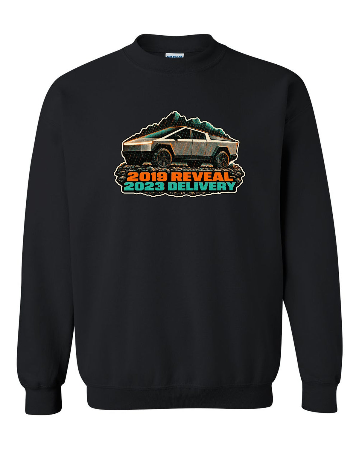 Risograph two-colour print of a 2023 Tesla Cybertruck in gravel and rain with 2019 Reveal 2023 Delivery lettering black crewneck front view with the design