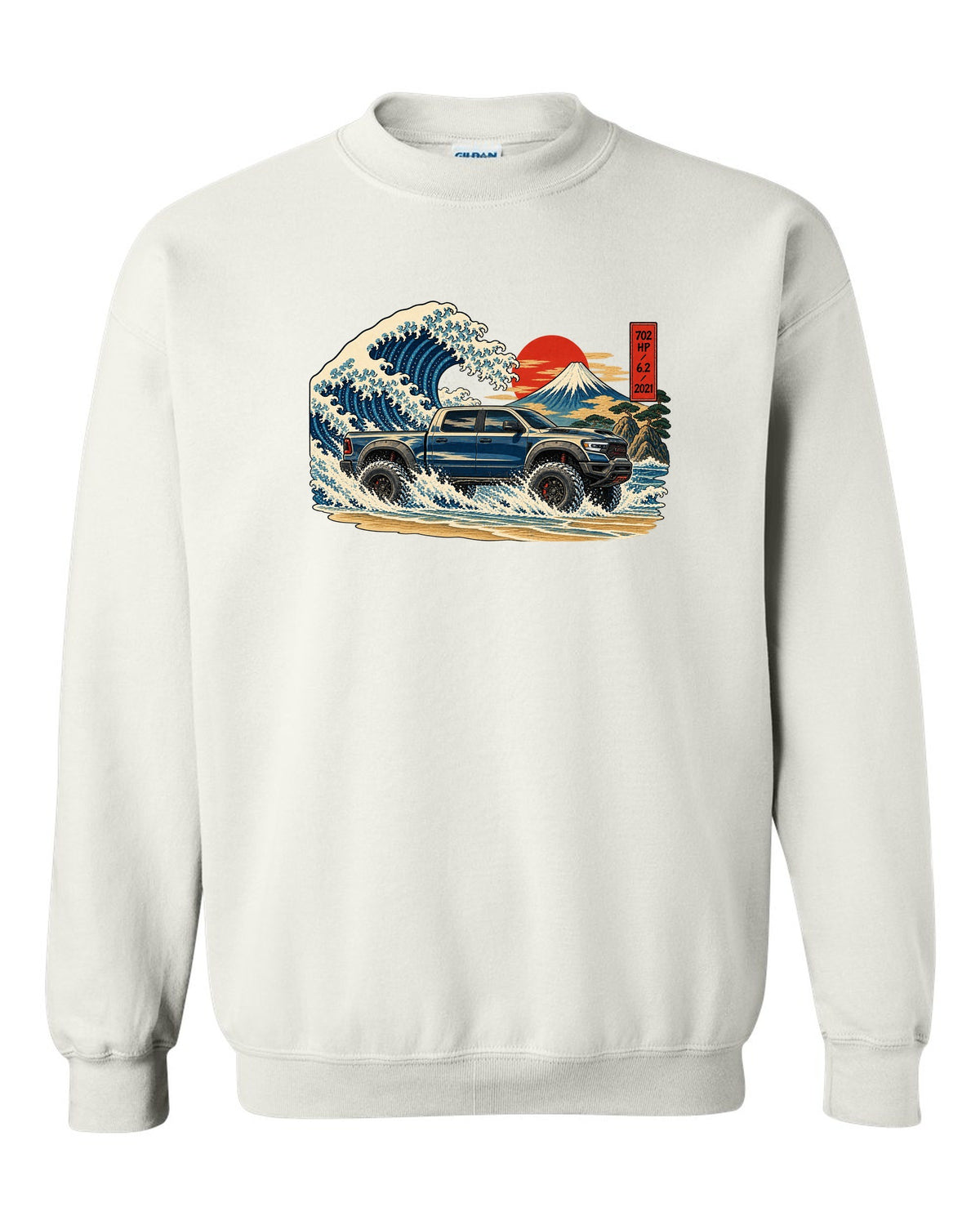 Ukiyo-e great wave woodblock print of a 2021-2024 Ram 1500 TRX with 702 HP 6.2 2021 text white crewneck front view with the design