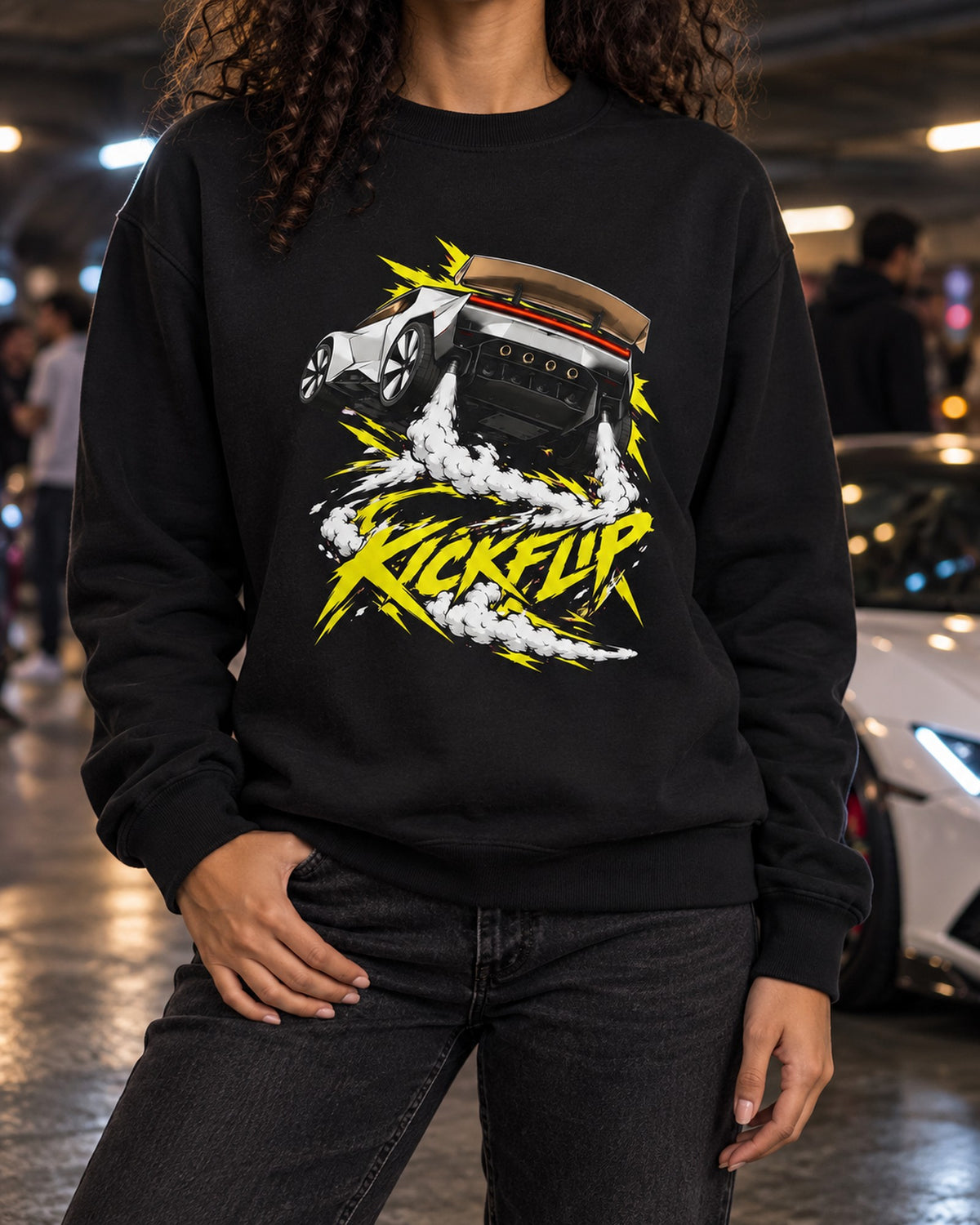 Tesla Roadster Kickflip Shirt, Hoodie & More Crewneck Black worn hero