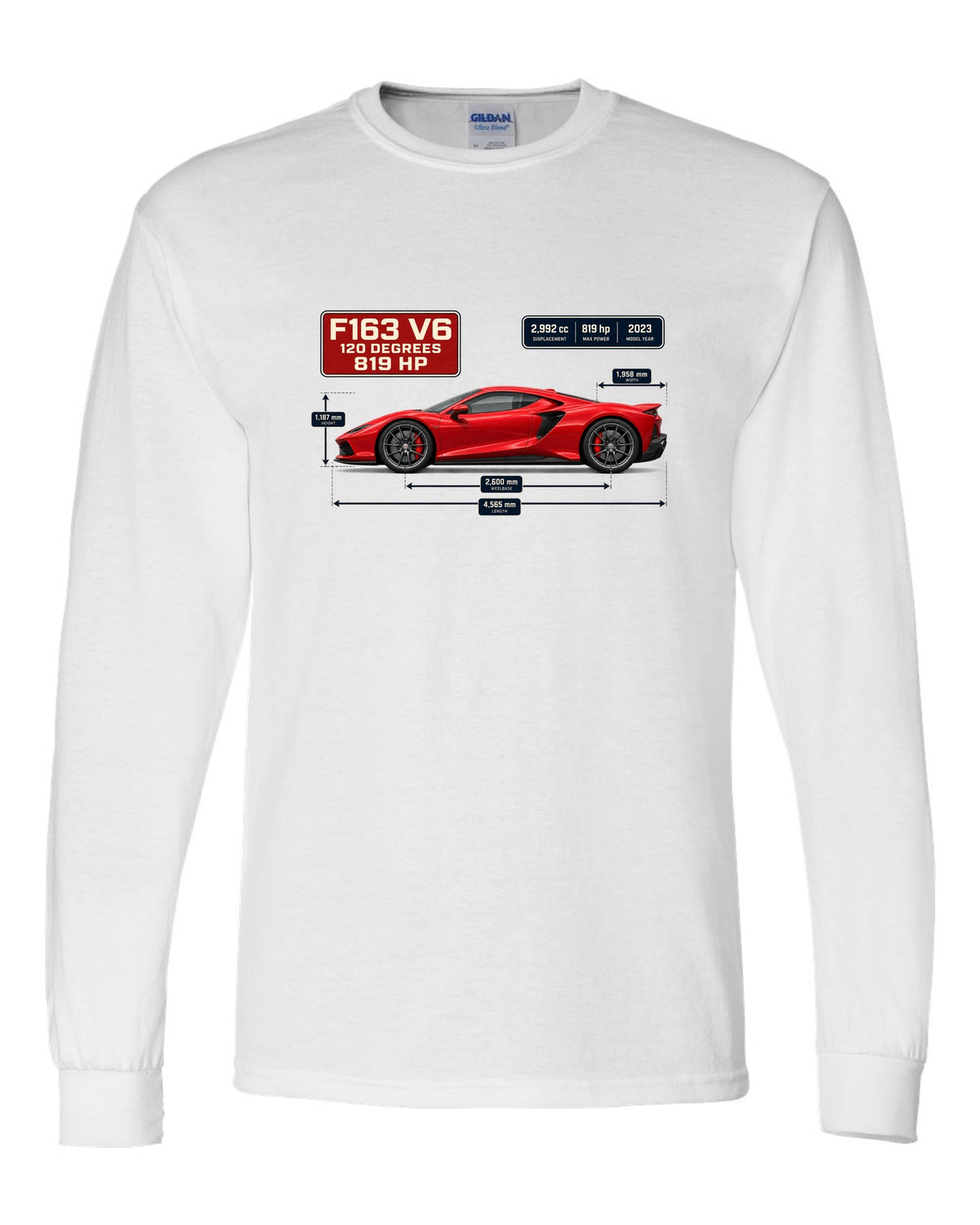 Blueprint style print of a signal red Ferrari 296 GTB with dimension lines white long sleeve front view with the design