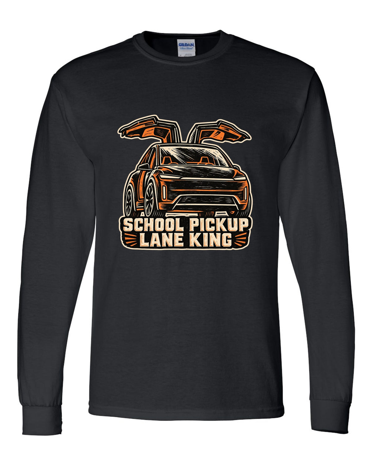 Chunky linocut woodblock print of a Tesla Model X reading School Pickup Lane King black long sleeve front view with the design