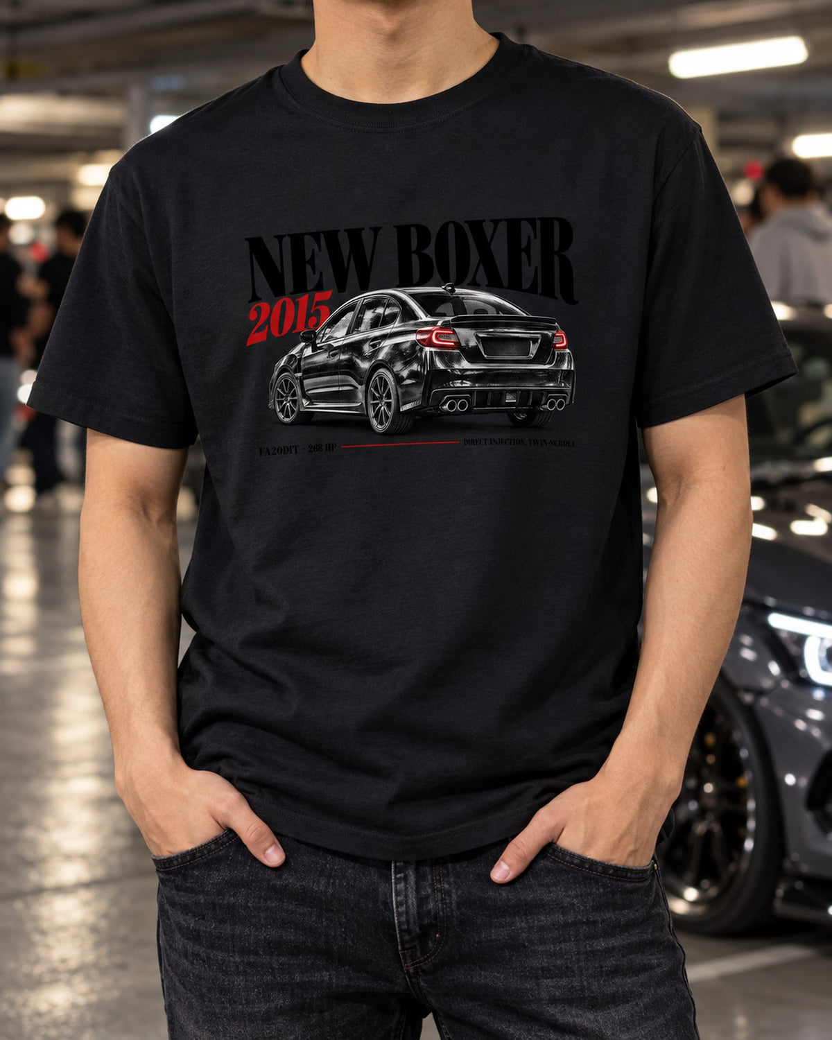 Subaru WRX VA New Boxer Editorial Headline Car Shirt T-Shirt Black worn hero