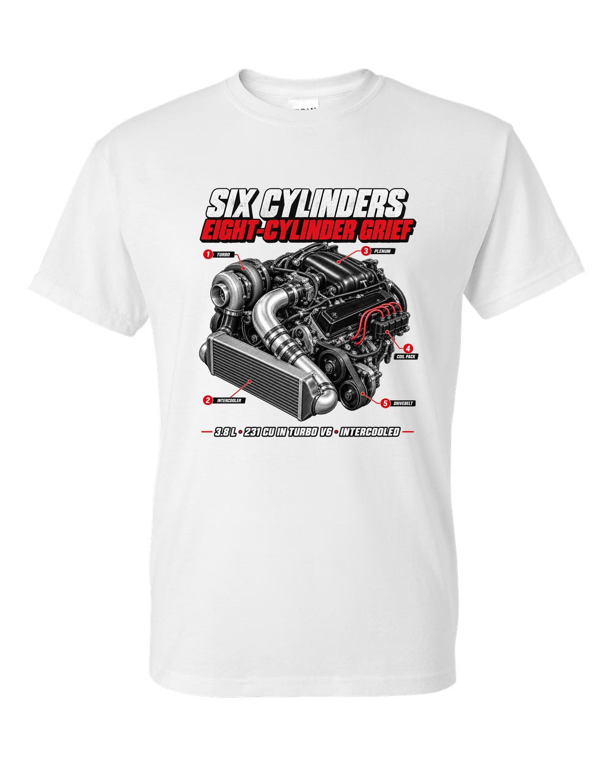 1987 Buick Grand National 3.8 turbo V6 engine callout print white t-shirt front view with the design