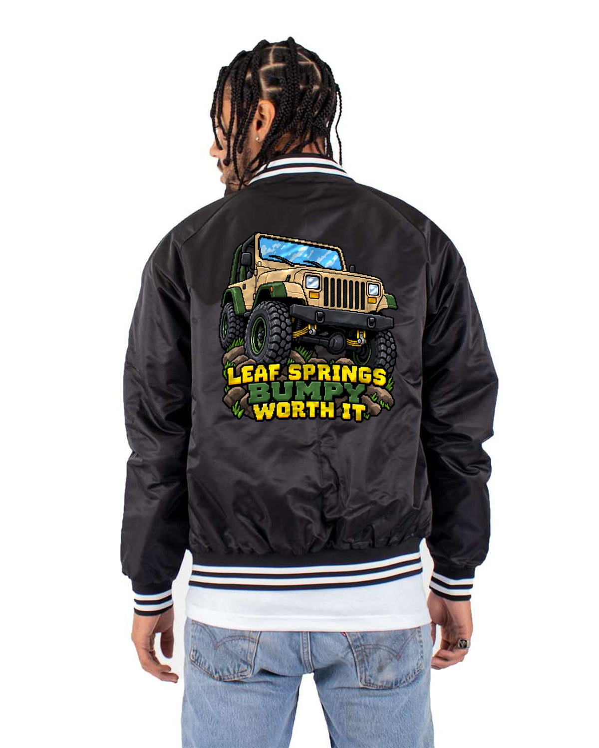 Jeep Wrangler YJ Leaf Spring 16-Bit Pixel Art Tee, Bumpy Worth It Bomber Jacket Black back