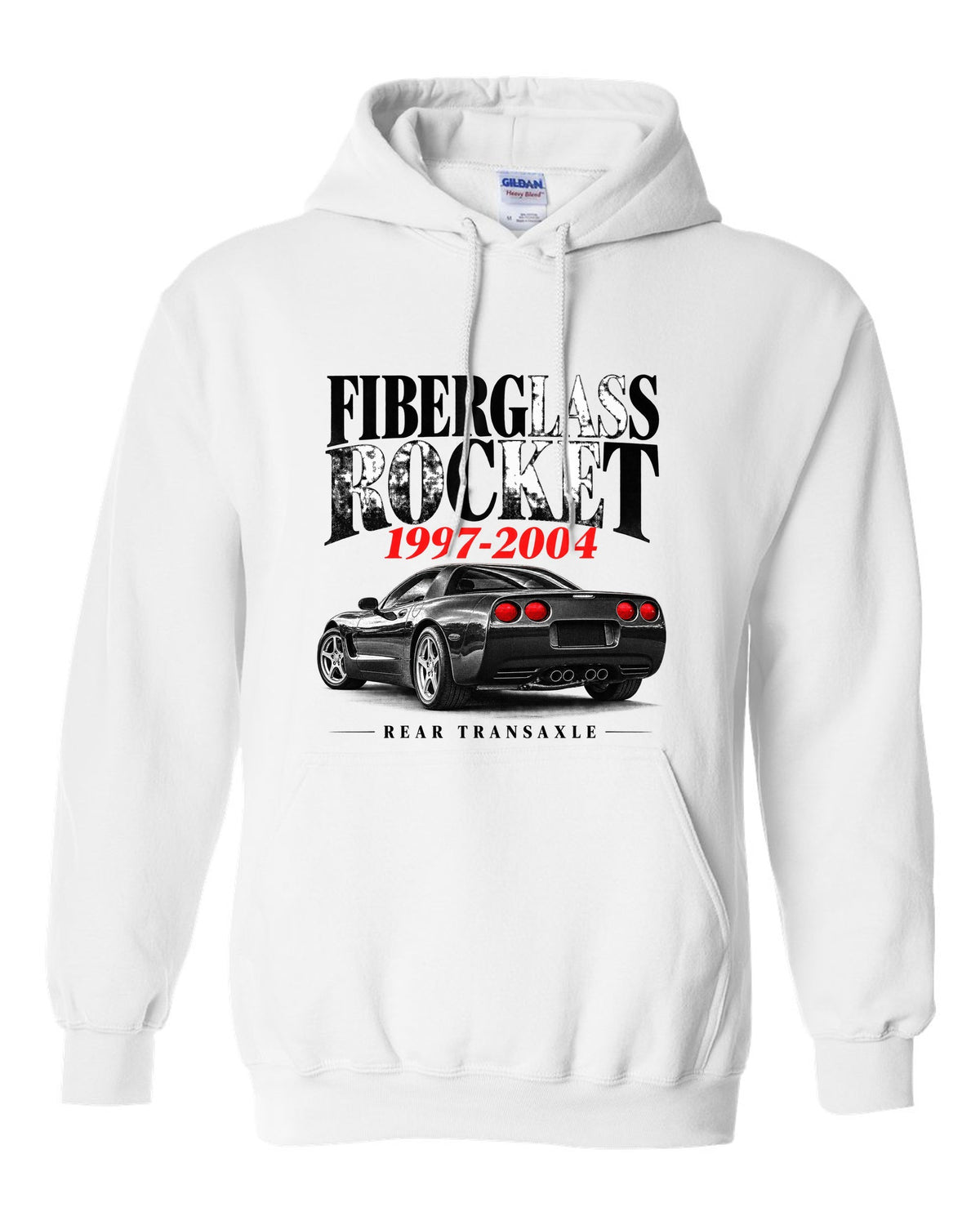 Corvette C5 coupe editorial headline print with rear transaxle text white pull over hoodie front view with the design