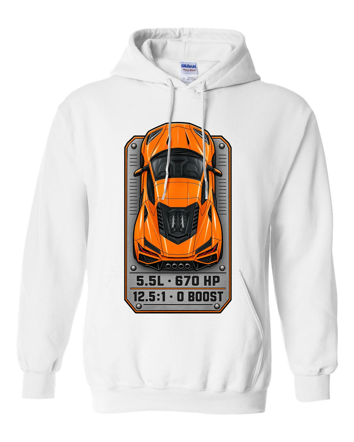 80s airbrush chrome style design of a 2025 C8 Corvette ZR1 white pull over hoodie front view with the design
