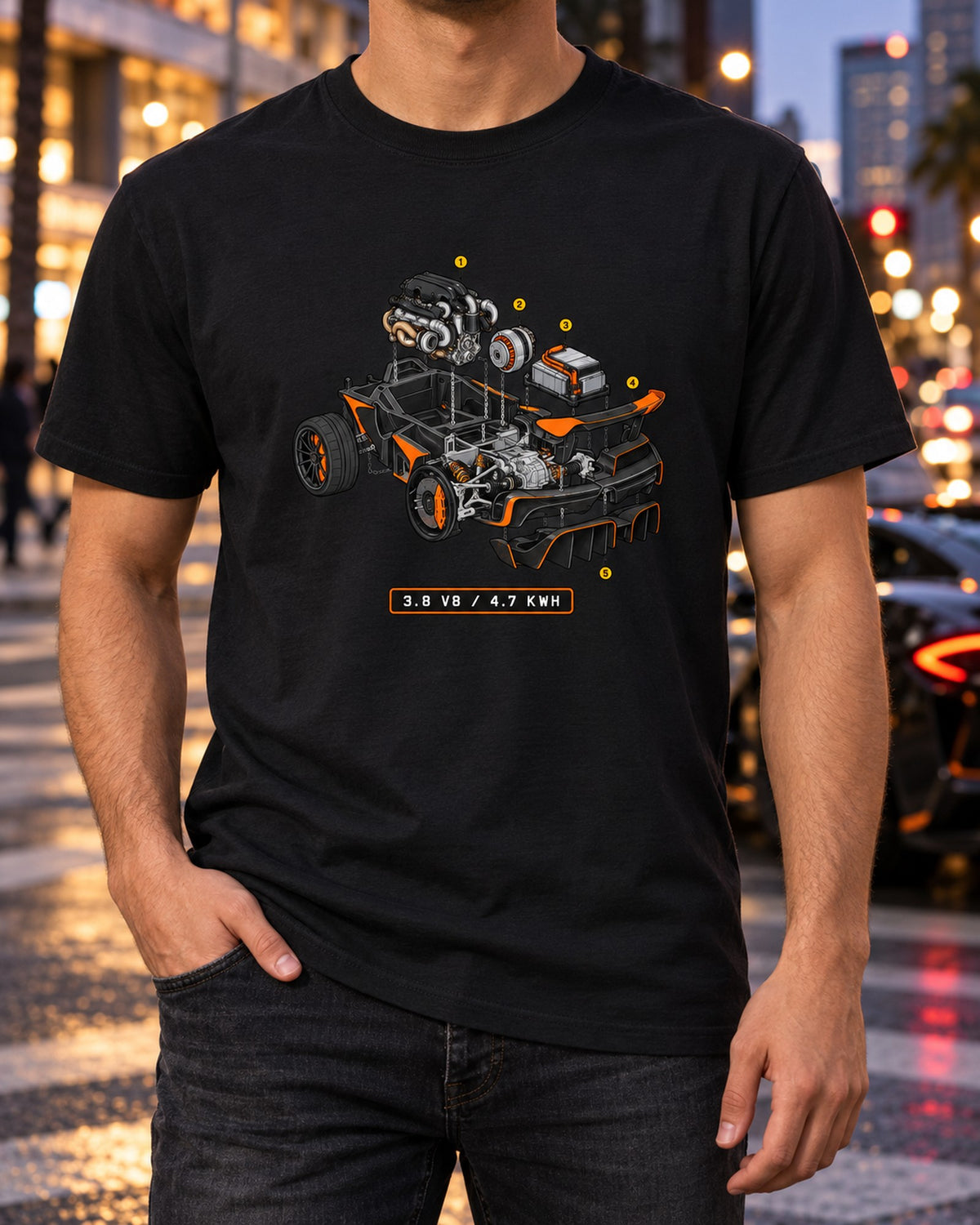 McLaren P1 Exploded Cutaway Tee, 3.8 V8 Hybrid Diagram T-Shirt Black worn hero