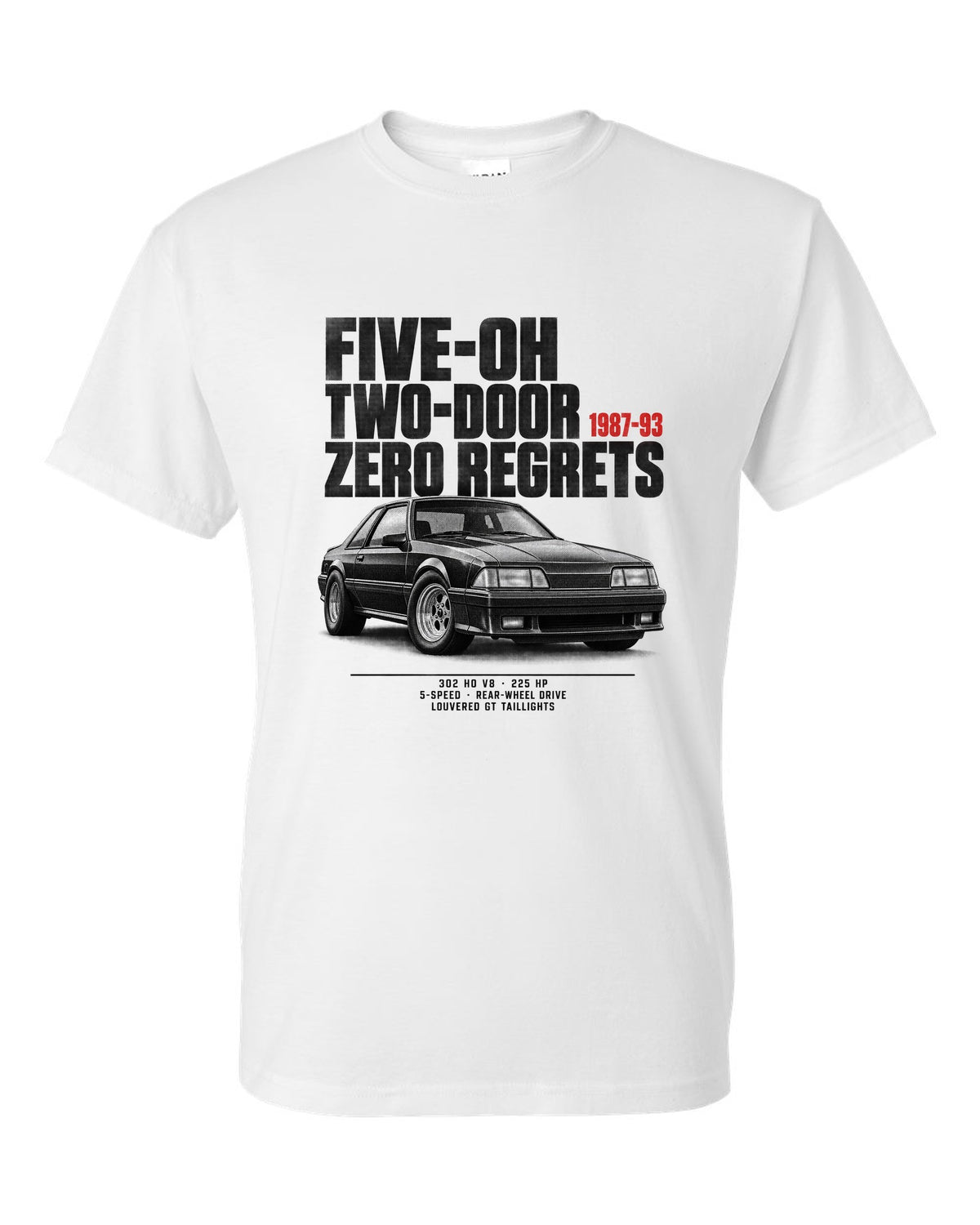 Halftone illustration of a Ford Mustang Fox body notchback with five-oh two-door lettering white t-shirt front view with the design