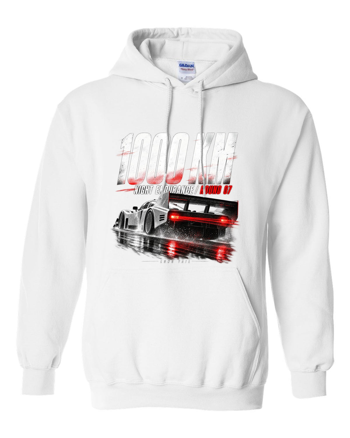 Porsche 962 Group C night endurance race poster print white pull over hoodie front view with the design