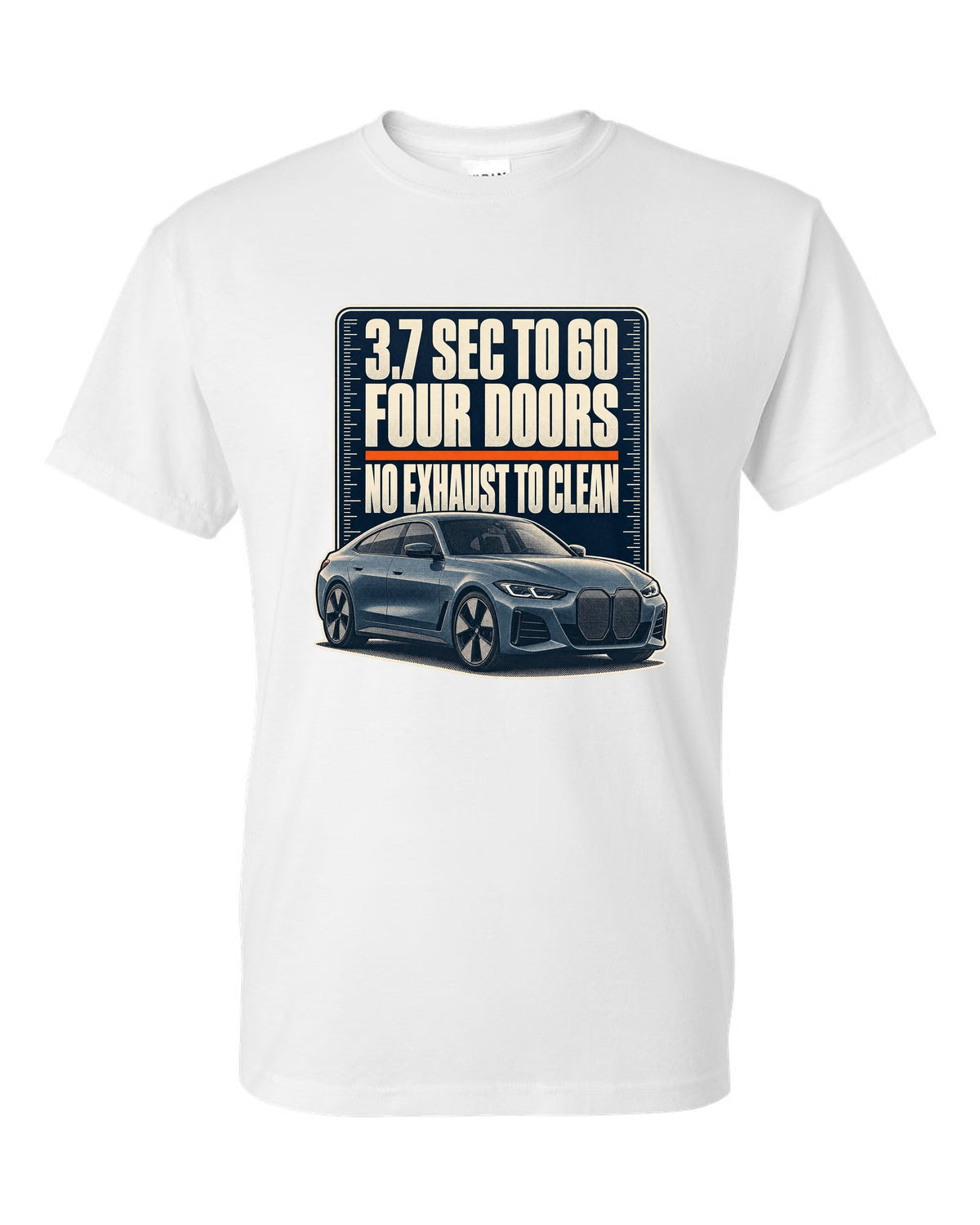 Halftone print of the BMW i4 M50 G26 with 3.7 second 0-60 time white t-shirt front view with the design