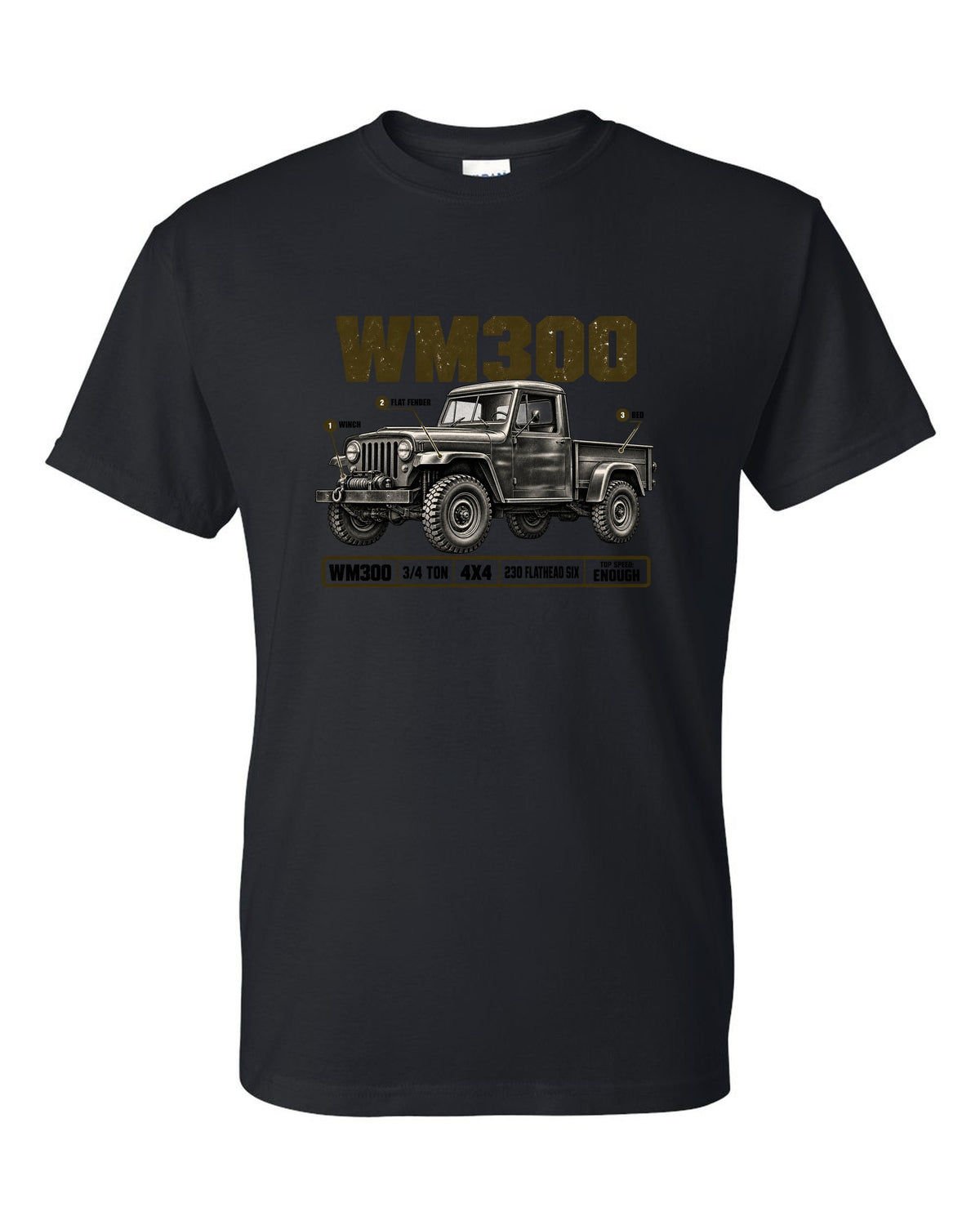 Spec poster print of a 1960-1971 Dodge Power Wagon WM300 flat fender truck black t-shirt front view with the design