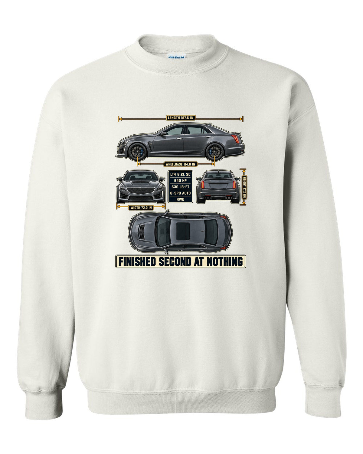 Dimension blueprint print of a 2016-19 Cadillac CTS-V sedan white crewneck front view with the design