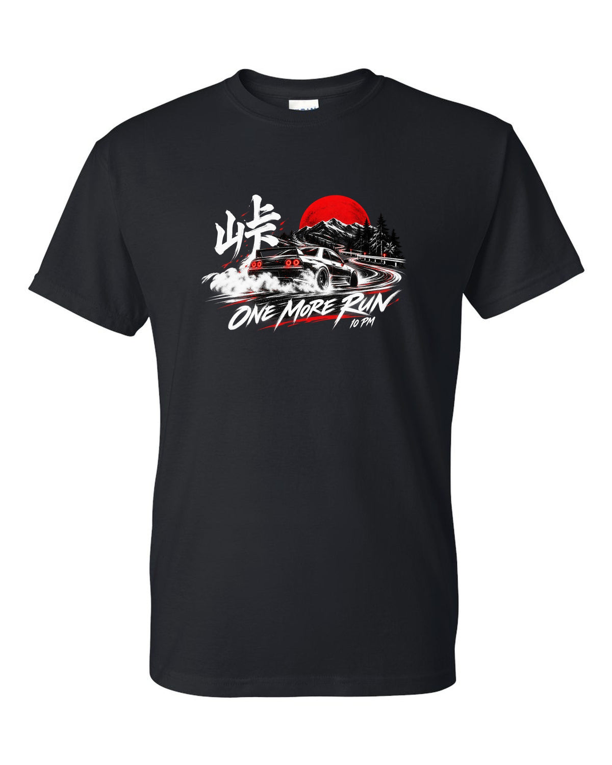 Night cornering print of a Mazda RX-7 FD3S with one more run lettering black t-shirt front view with the design