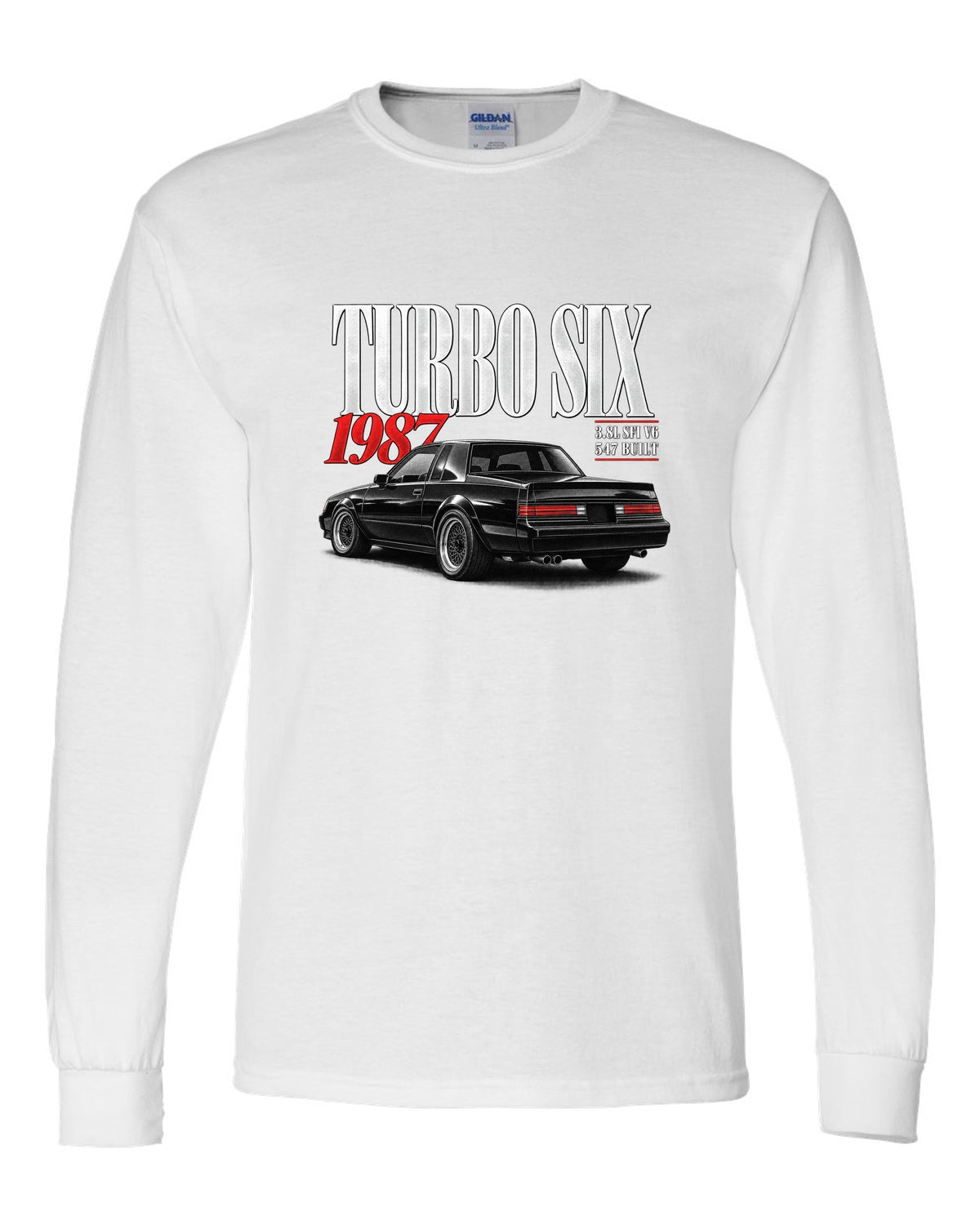 Editorial archive print for a 1987 Buick Regal Grand National GNX with turbo six text white long sleeve front view with the design