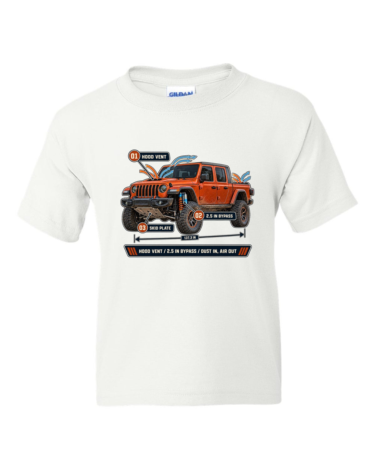Aero callout print for the Jeep Gladiator Mojave JT showing hood vent and bypass white kids tee front view with the design