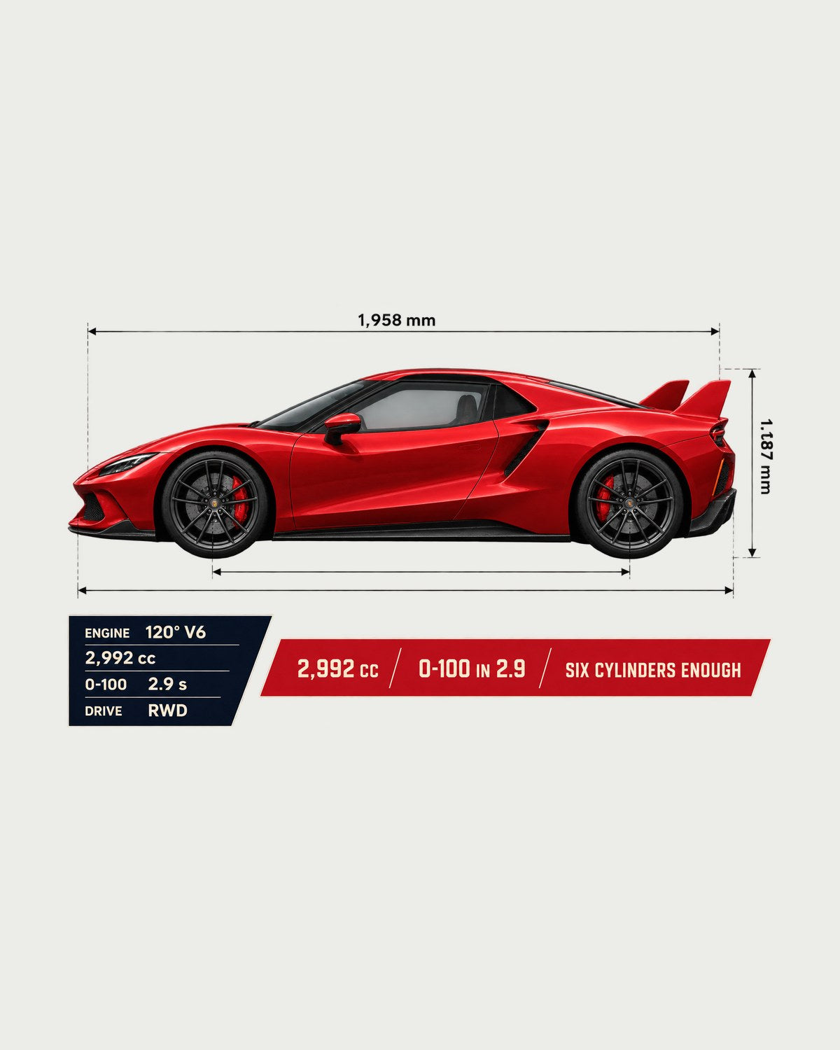 Ferrari 296 GTB Spec Poster Shirt, 2,992 cc Six Cylinders design only