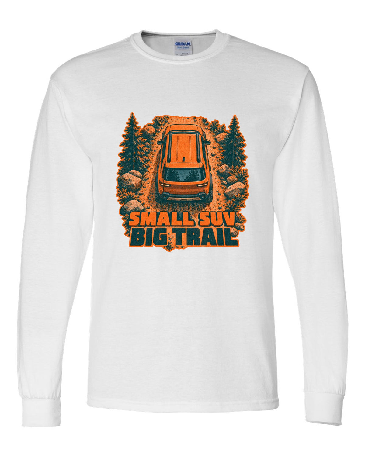 Rivian R2 overhead risograph duotone print with the text small SUV big trail white long sleeve front view with the design