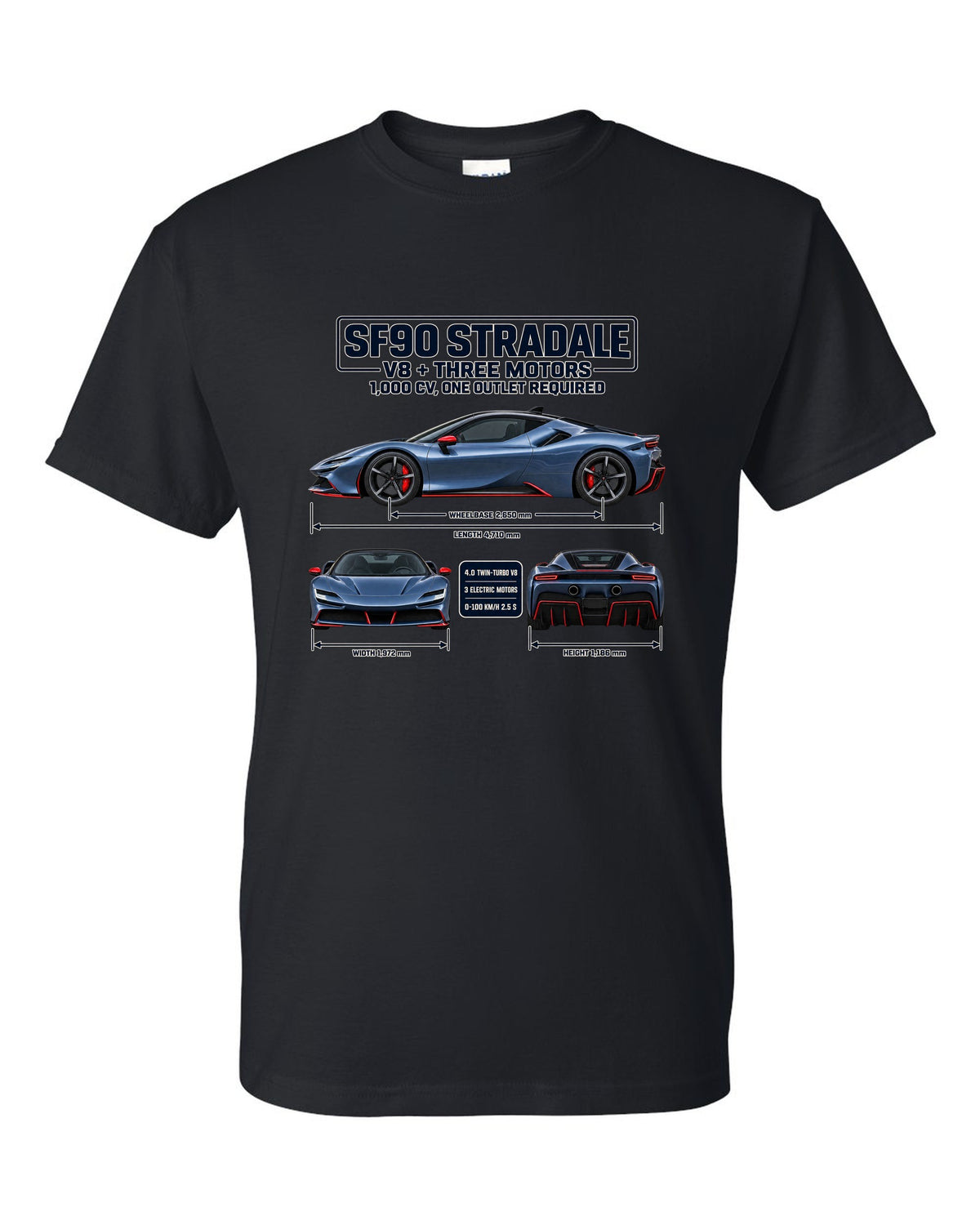 Ferrari SF90 Stradale three-view spec sheet print with V8 plus three motors, 1,000 CV black t-shirt front view with the design