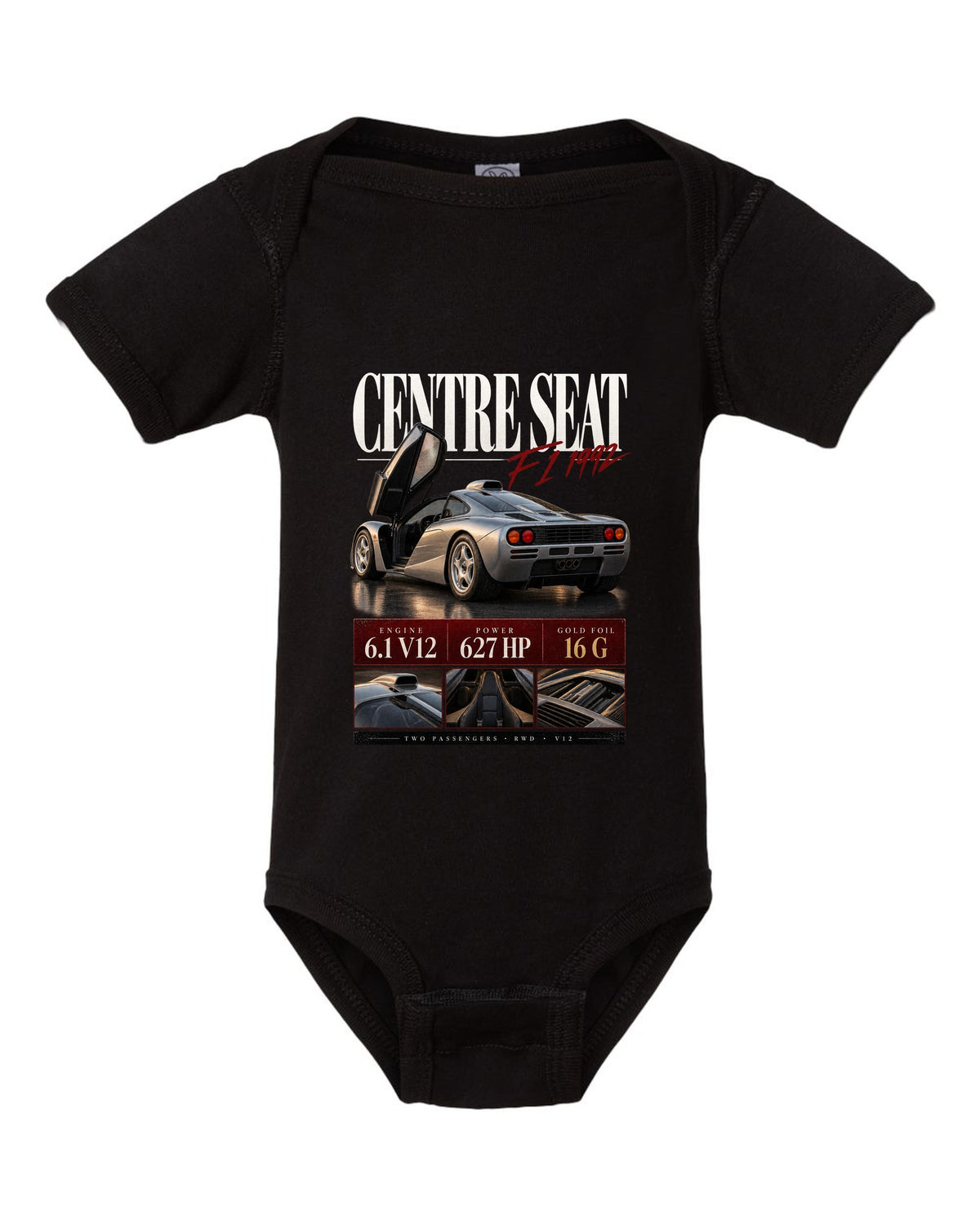 Archive panel print of the 1992 McLaren F1 with centre driving seat and V12 specification text black baby onesie front view with the design