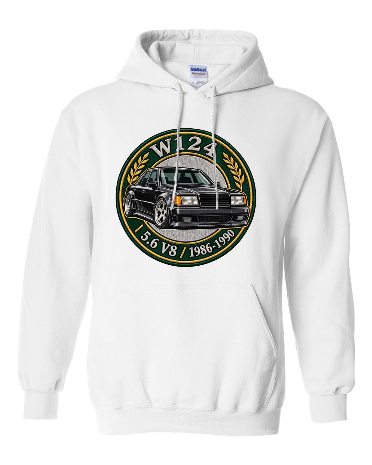 Stencil spray street art of a Mercedes 300E Hammer W124 with the word SLEEPER white pull over hoodie front view with the design