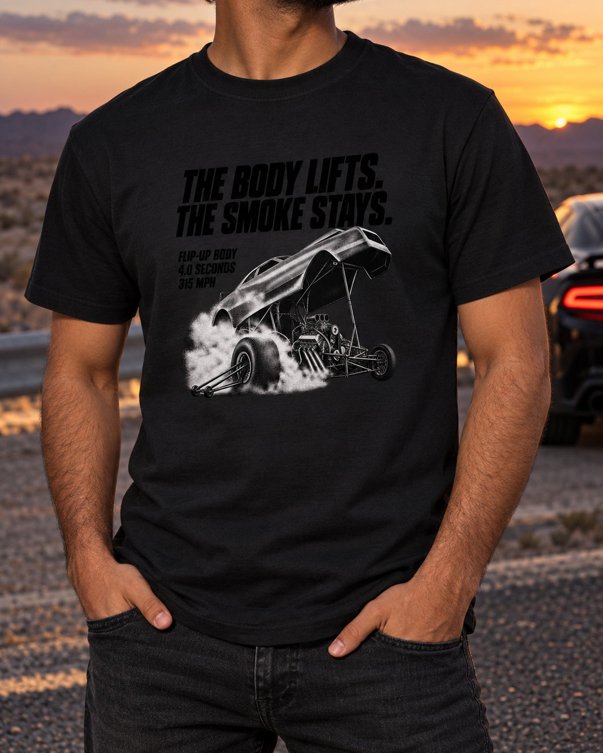 Funny Car Flip-Up Body Halftone Shirt, Drag Racing Statement Tee T-Shirt Black worn hero