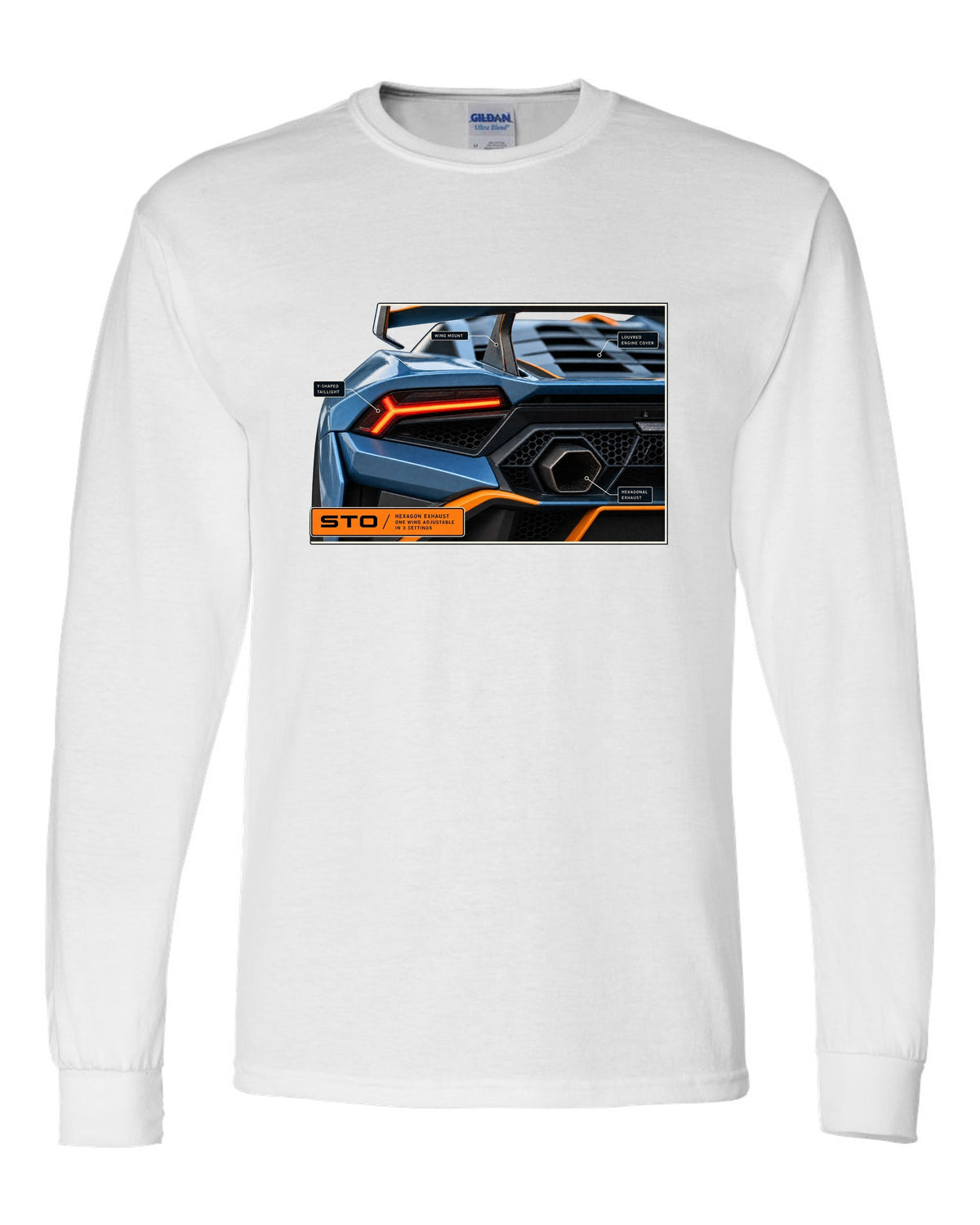 Taillight and hexagon exhaust macro print of the Lamborghini Huracan STO white long sleeve front view with the design