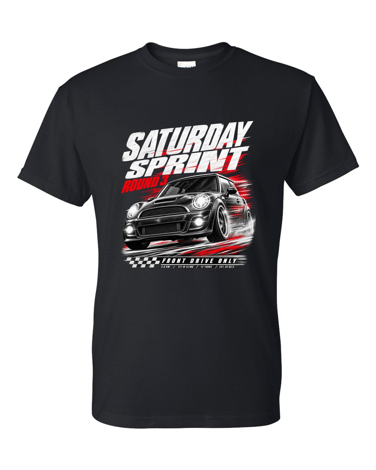 Race poster print of a Mini Cooper JCW R56 front three-quarter at a Saturday sprint round three black t-shirt front view with the design