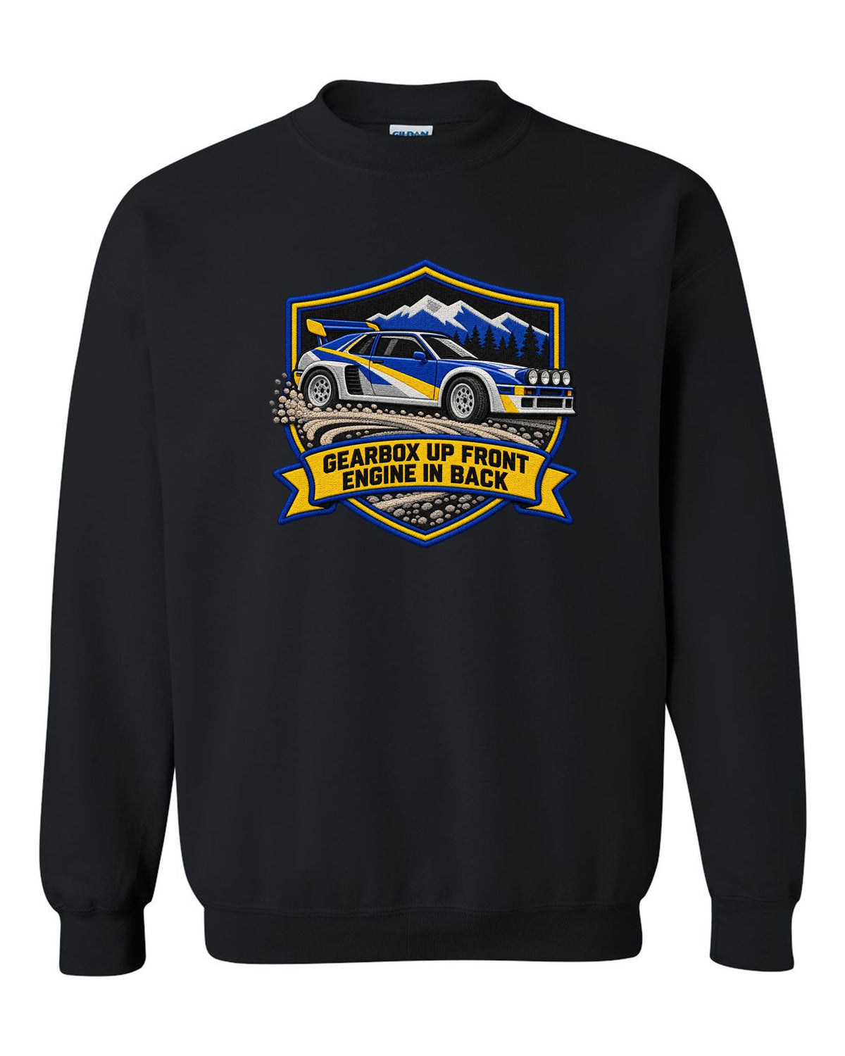 Varsity crest print of the Ford RS200 with gearbox up front, engine in back text black crewneck front view with the design