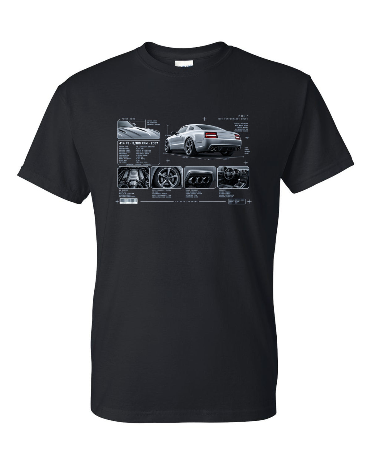 BMW E92 M3 coupe dossier panel print showing 414 PS and 8,300 RPM black t-shirt front view with the design