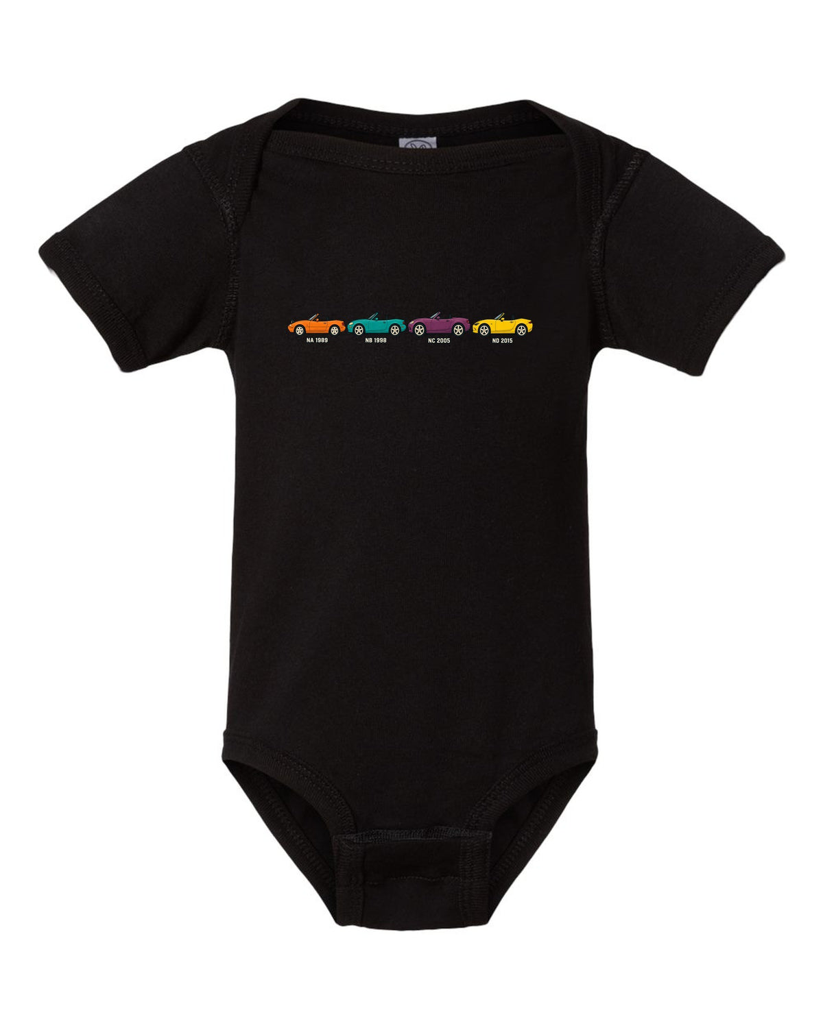 Ukiyo-e woodblock print of a Mazda MX-5 NA roadster taking a hairpin corner black baby onesie front view with the design