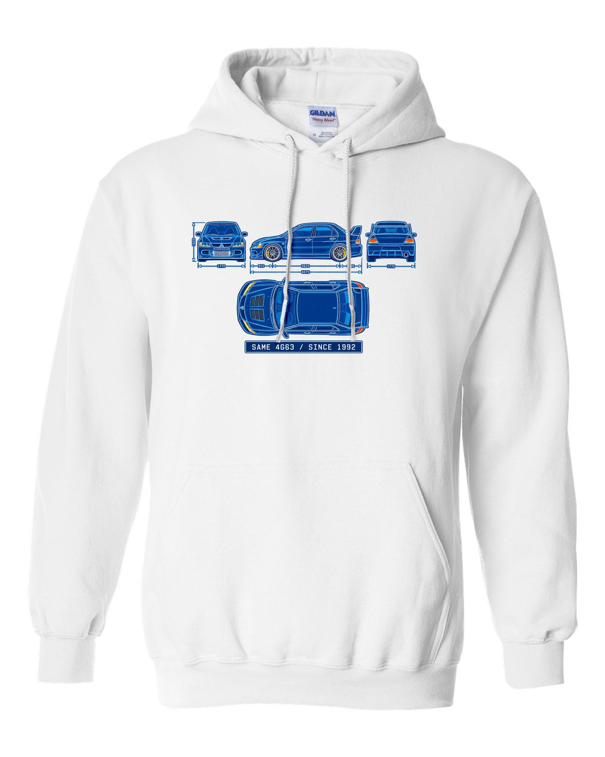 Embroidered patch style print of a boost gauge for the Mitsubishi Evo IX CT9A with boost gauge doesn't lie text white pull over hoodie front view with the design