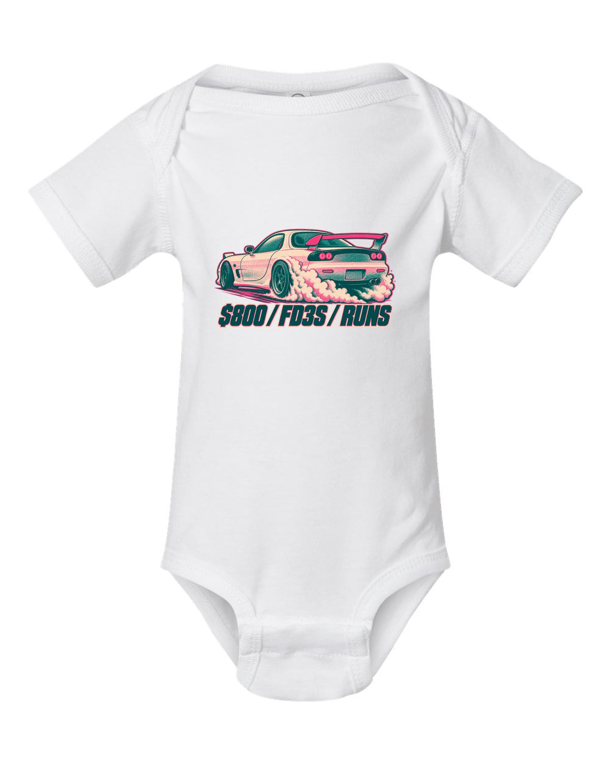 Geometric op-art rotor housing design for the Mazda RX-7 FD3S with 654 CC X 2 / NO PISTONS lettering white baby onesie front view with the design