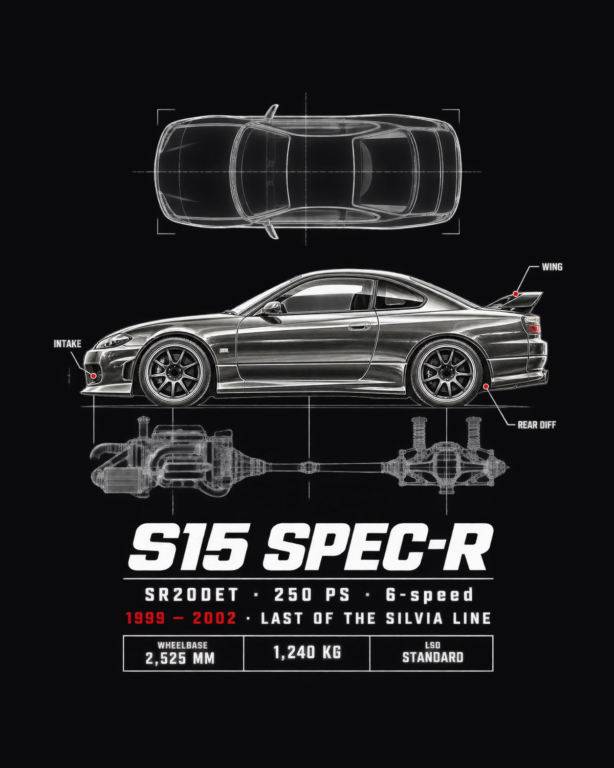 S15 Silvia Spec-R Spec Sheet Poster Tee, 1999-2002 Nissan design only