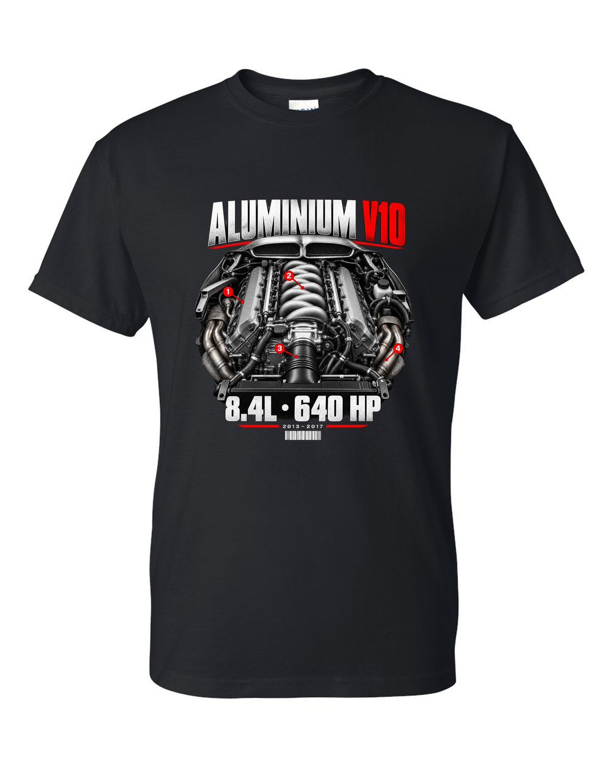 Dodge Viper VX aluminium V10 engine hero print with 8.4L and 640 HP lettering black t-shirt front view with the design
