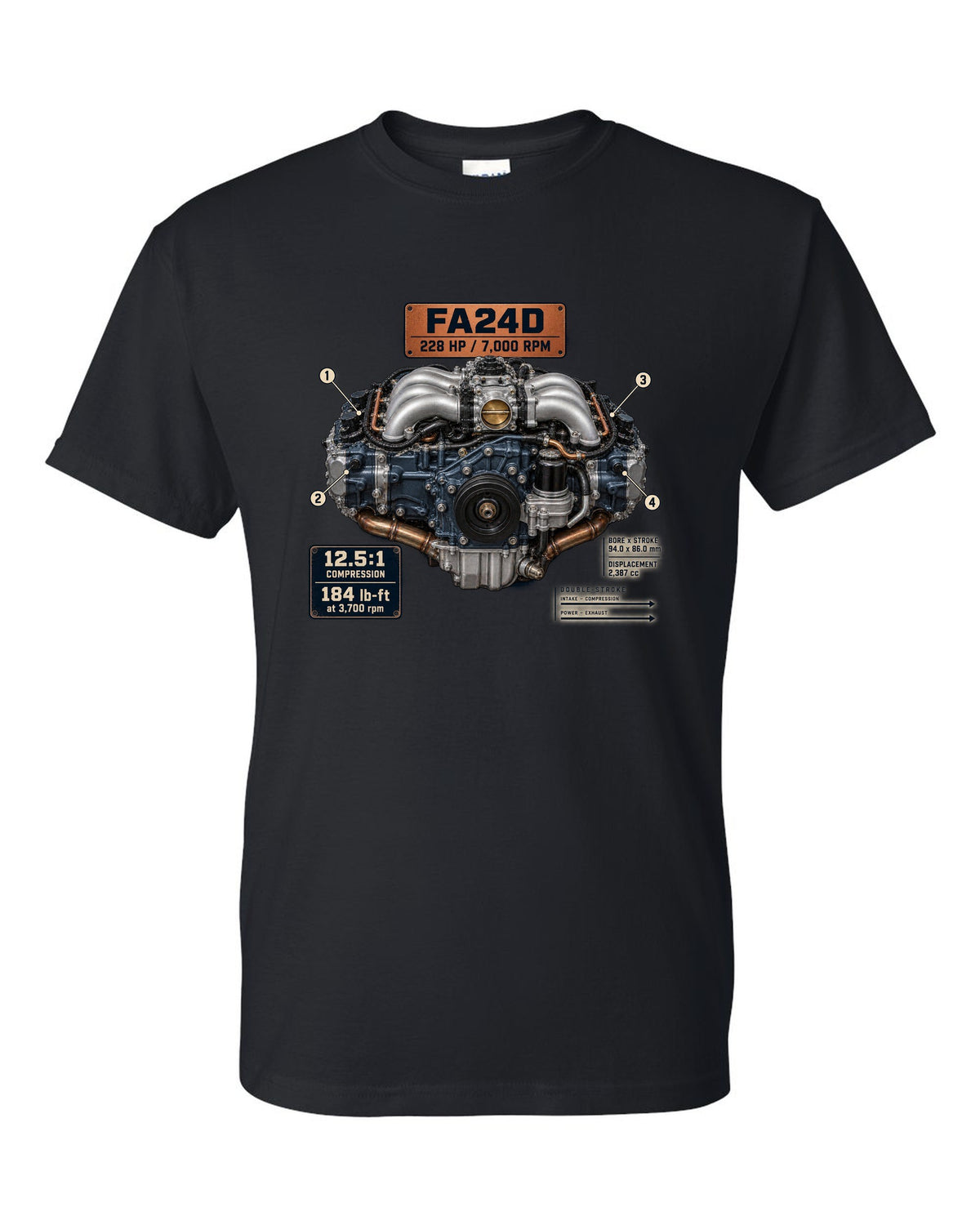 Poster-style engine print of the FA24D flat-four from the Subaru BRZ ZD8 and Toyota GR86 ZN8 black t-shirt front view with the design