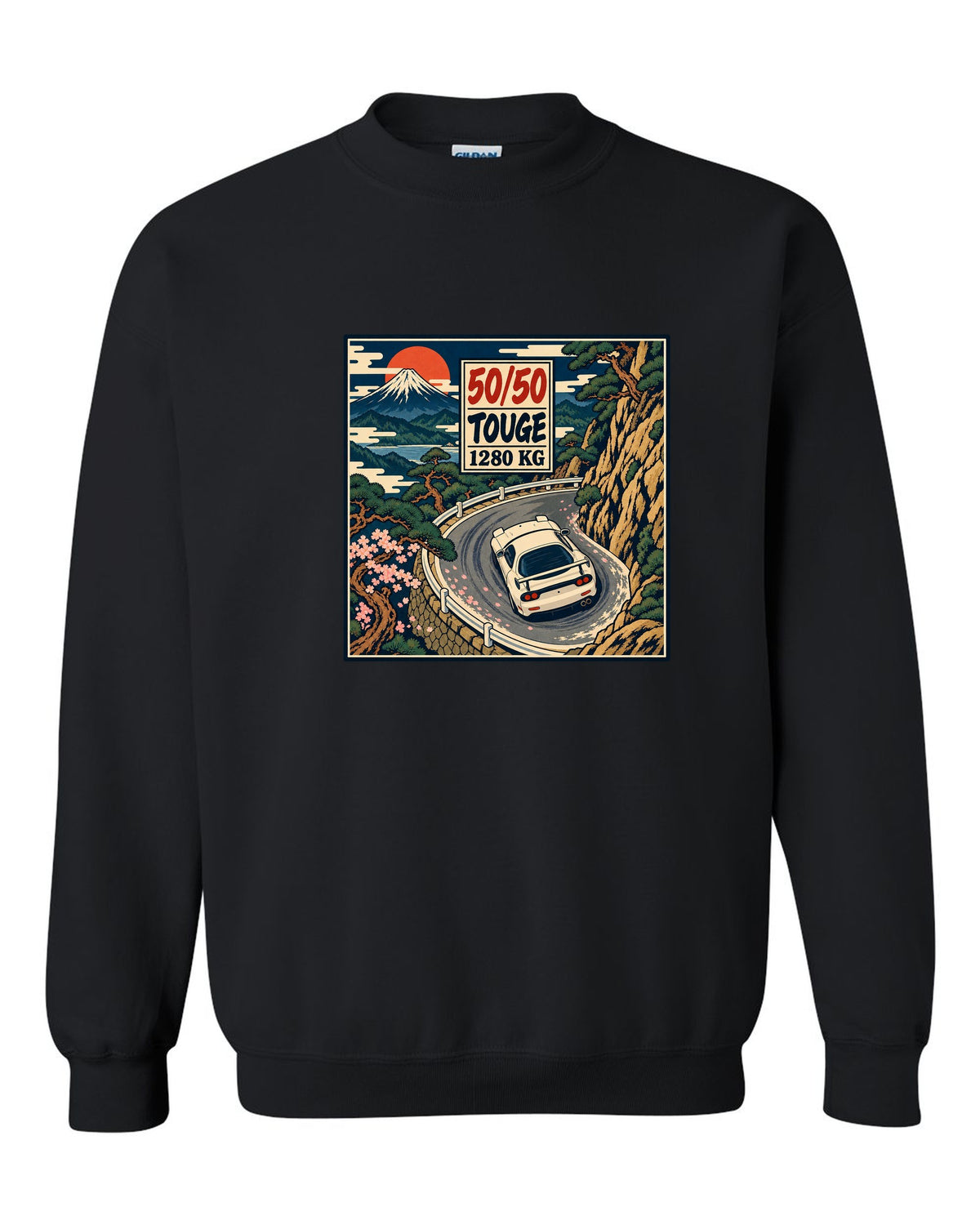 Lo-fi anime harbour dusk scene with a Mazda RX-7 FD3S and SA22C and HIROSHIMA lettering black crewneck front view with the design