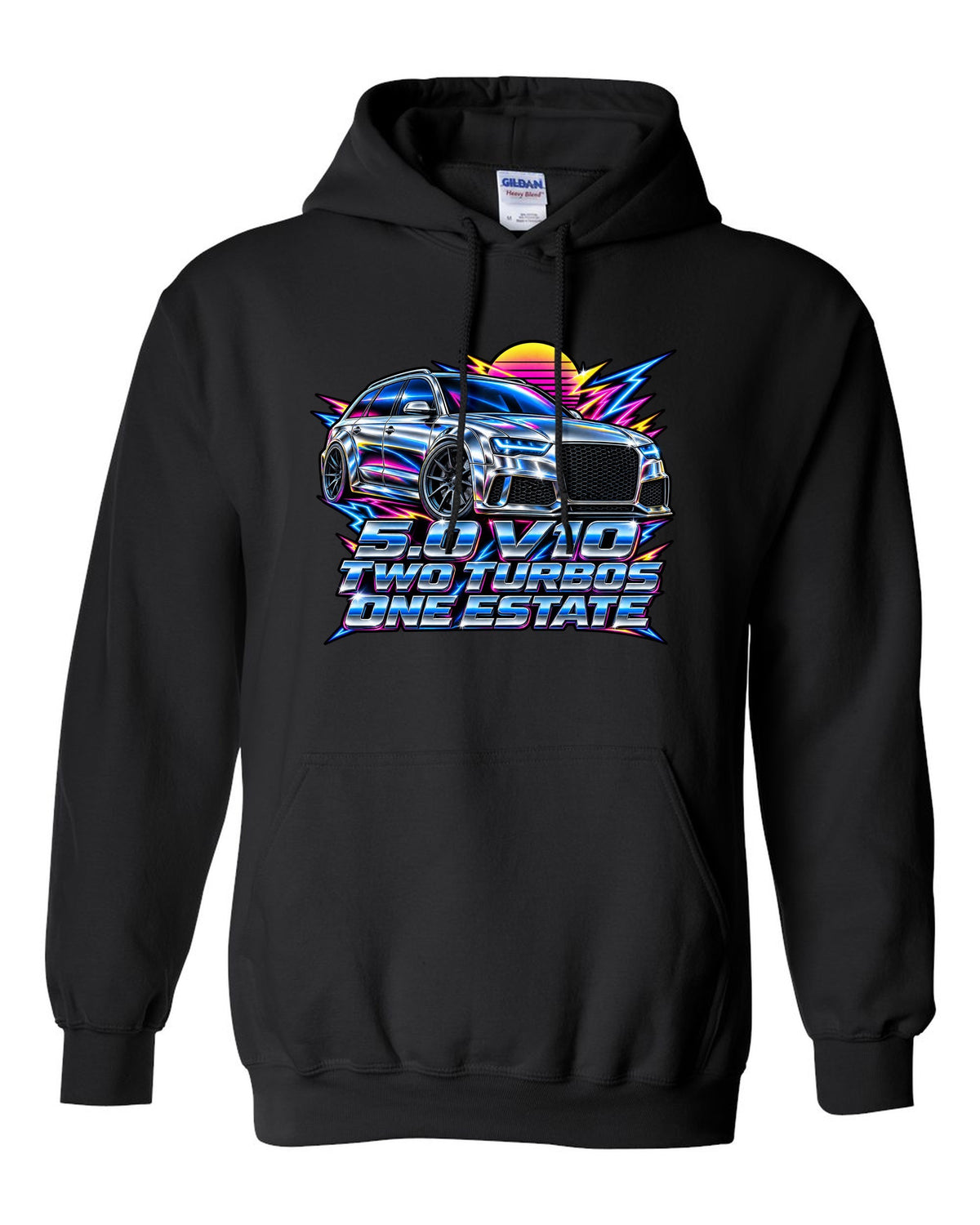 80s airbrush chrome design of the Audi RS6 Avant C6 4F with 5.0 V10 two turbos one estate lettering black pull over hoodie front view with the design