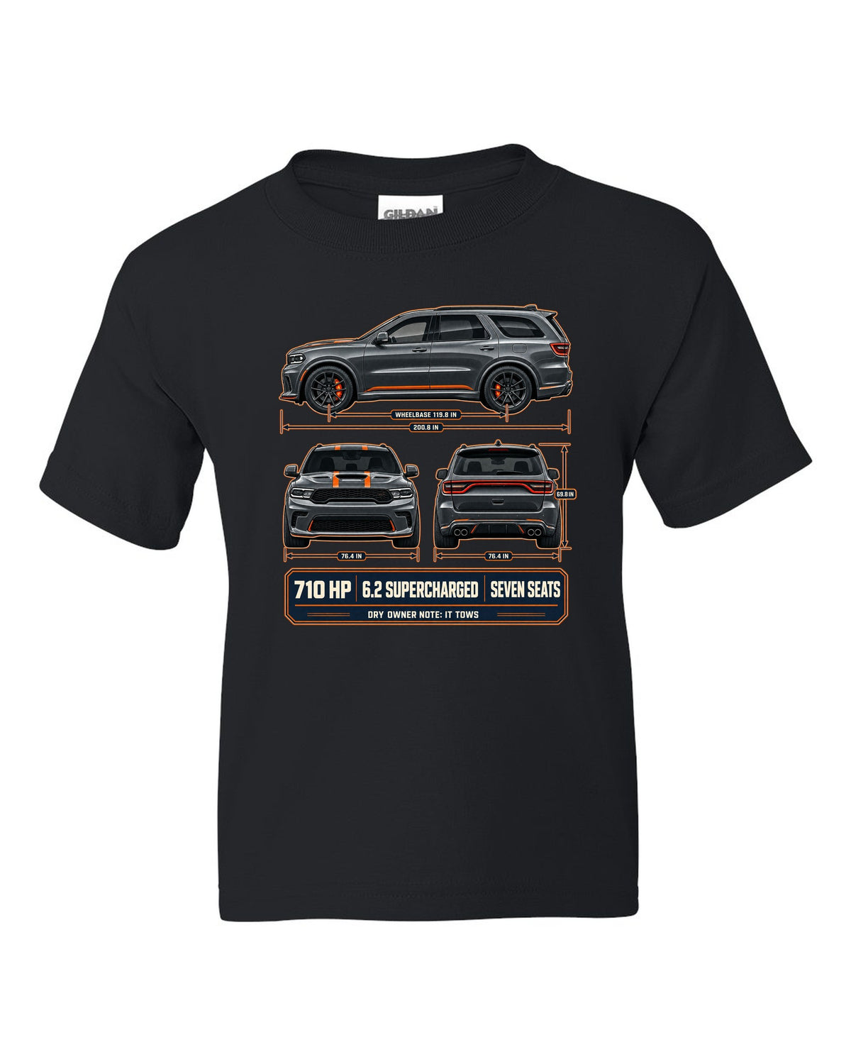 Dodge Durango SRT Hellcat 2021 three-view drawing with spec table print black kids tee front view with the design