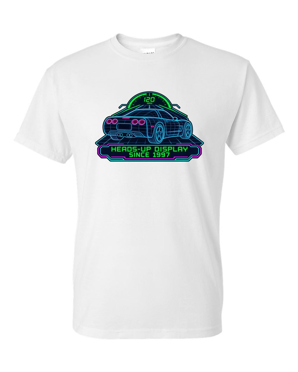 Hand-drawn doodle print of a 2020 Chevrolet Corvette C8 Stingray with heads-up display since 1997 lettering white t-shirt front view with the design