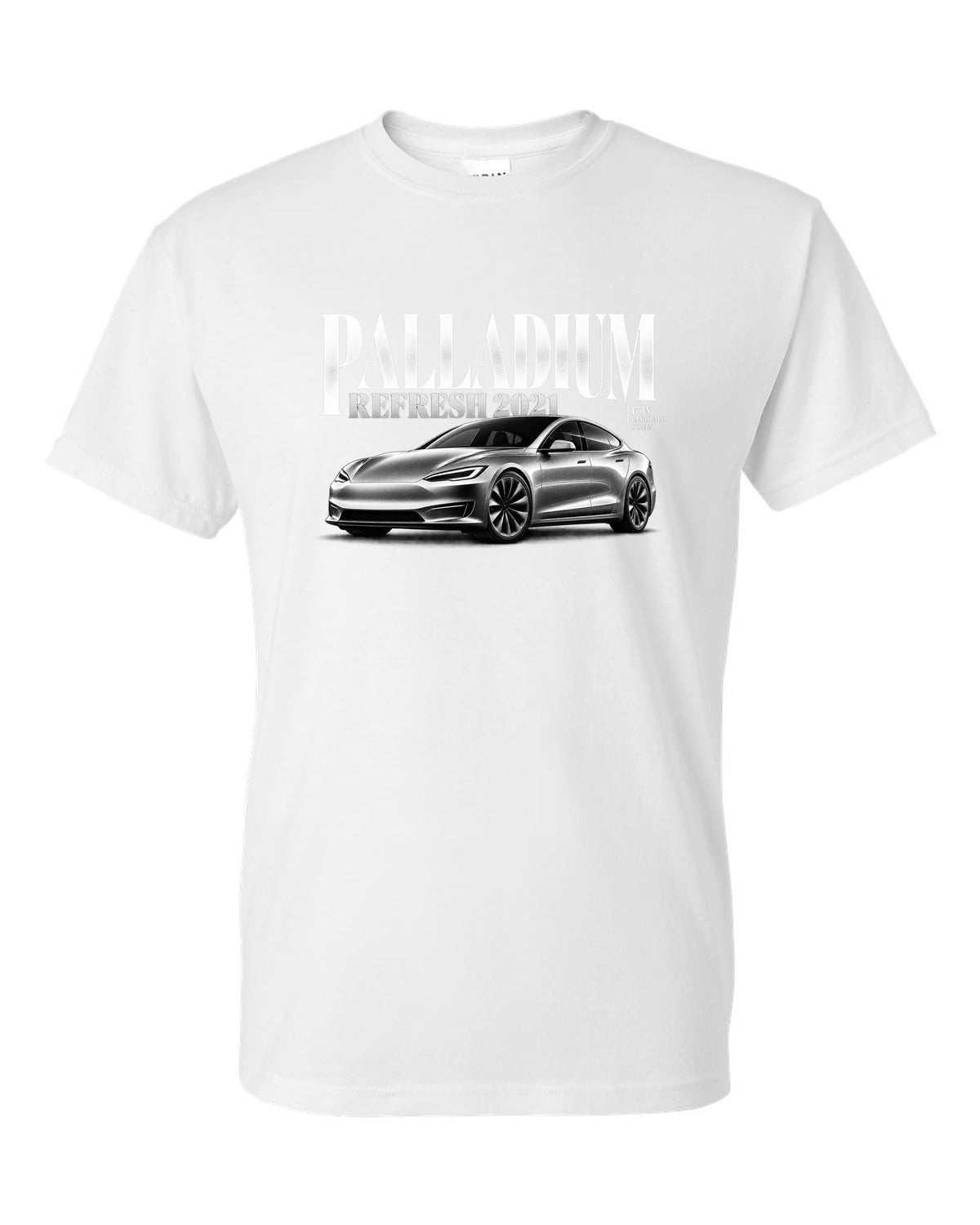 Editorial headline print of a Tesla Model S Palladium 2021 front three-quarter view white t-shirt front view with the design