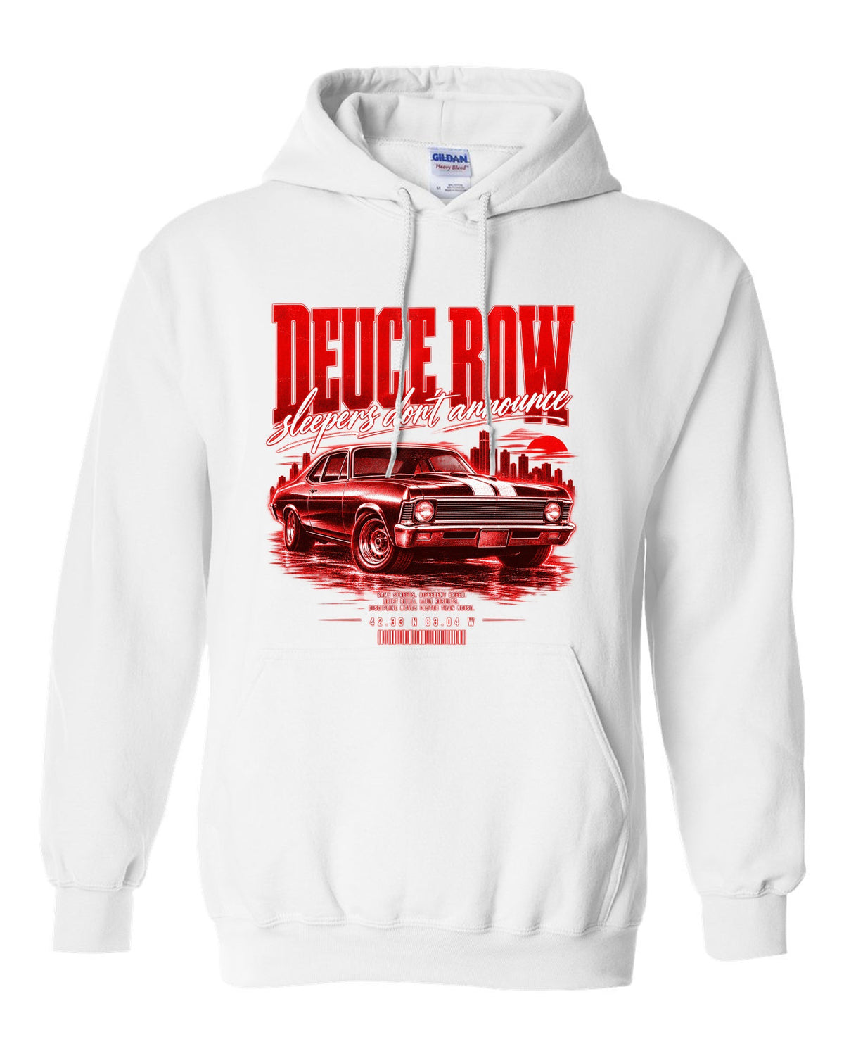 Street-poster print of a 1969 Chevrolet Nova SS with Deuce Row lettering white pull over hoodie front view with the design
