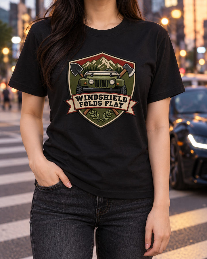 Jeep Wrangler JL Windshield Folds Flat Shield Crest Shirt T-Shirt Black worn hero