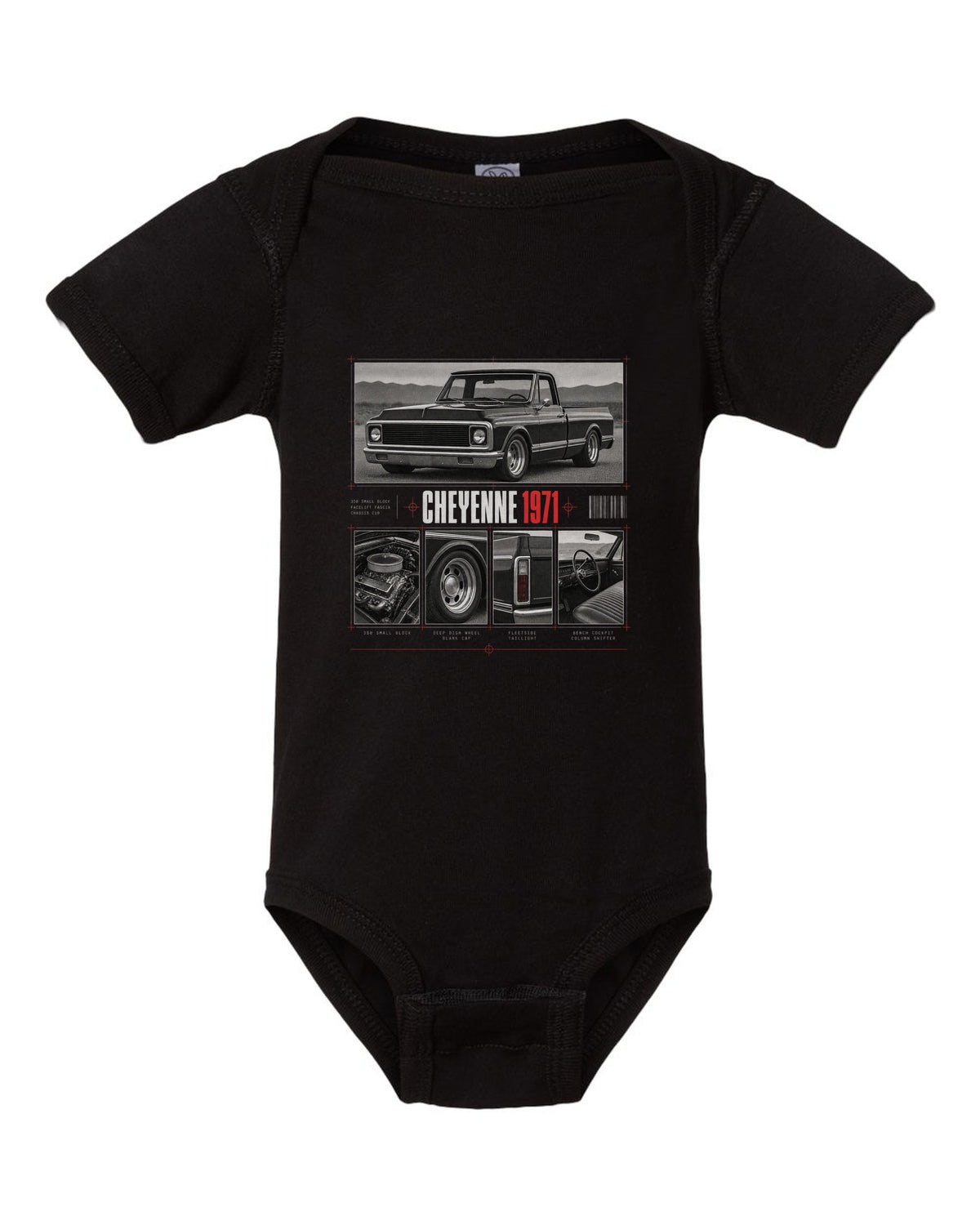 Dossier panel print of a 1971 Chevrolet C10 Cheyenne with 350 small block text black baby onesie front view with the design